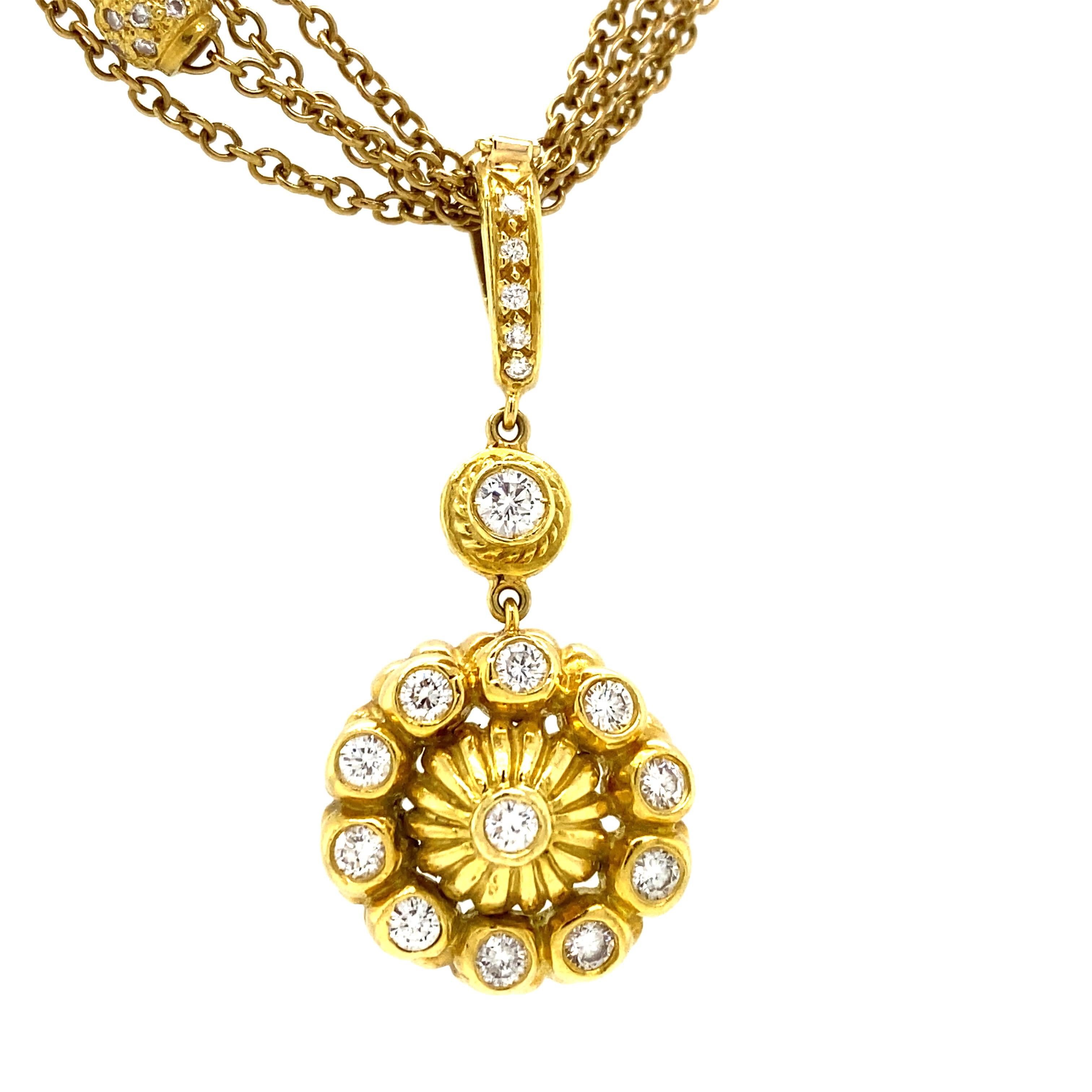 Doris Panos Diamond 3-row Necklace Enhancer Pendant in 18K Yellow Gold.  Round Brilliant Cut Diamonds weighing 2.08 carat total weight, G-H in color and VS-SI in clarity are expertly set.  The Necklace measures 16 inch in length.  The