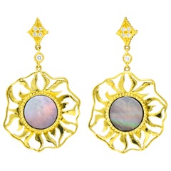 Doris Panos Diamond Mother of Pearl 18 Karat Gold Sunburst Drop Earrings