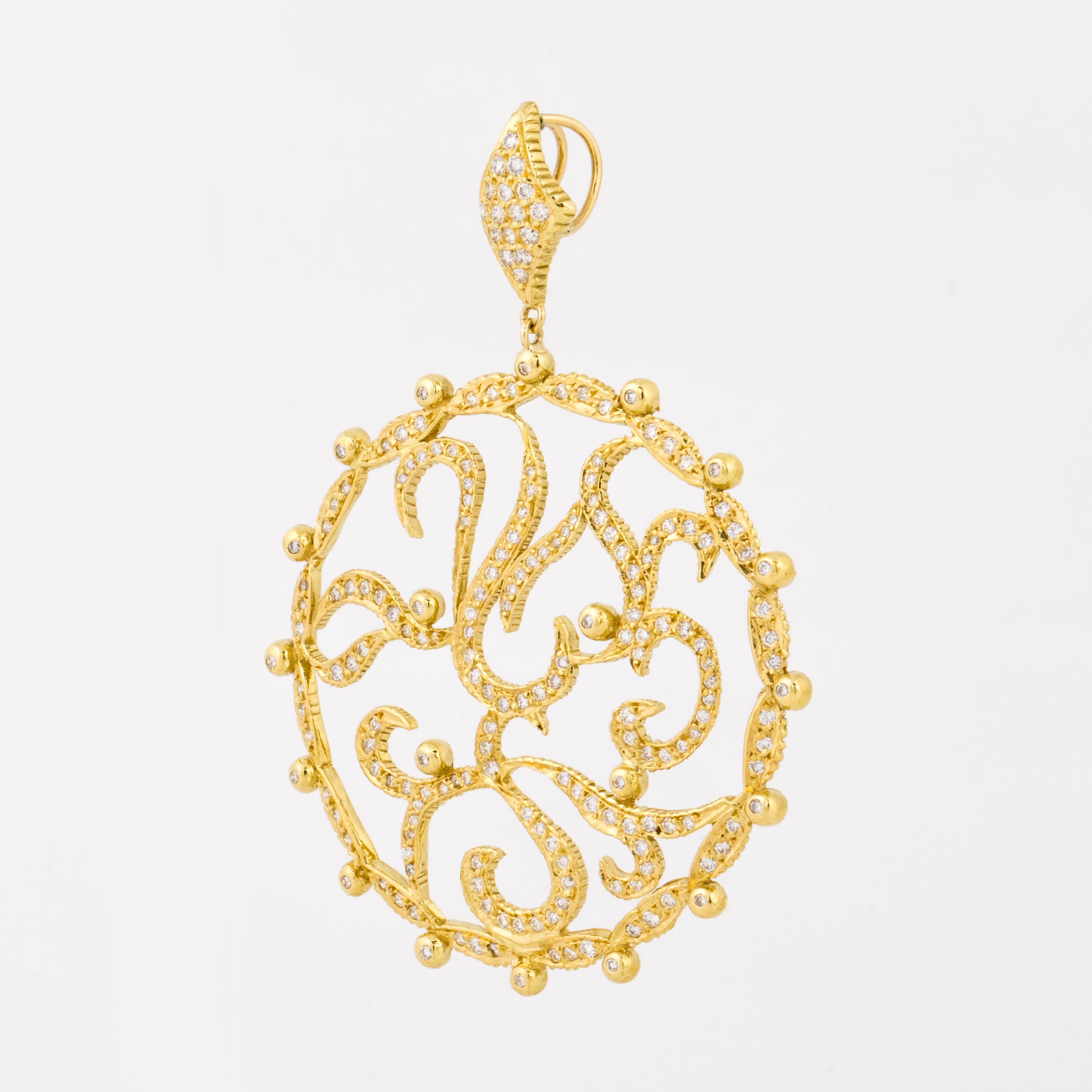 Doris Panos pendant in 18K yellow gold and diamonds.   It is an open circle free form design.  The front of the pendant is covered with 202 round diamonds  totaling 2.25 carats; G-H color and VS1-SI1 clarity.  It measures 2 3/4 inches long