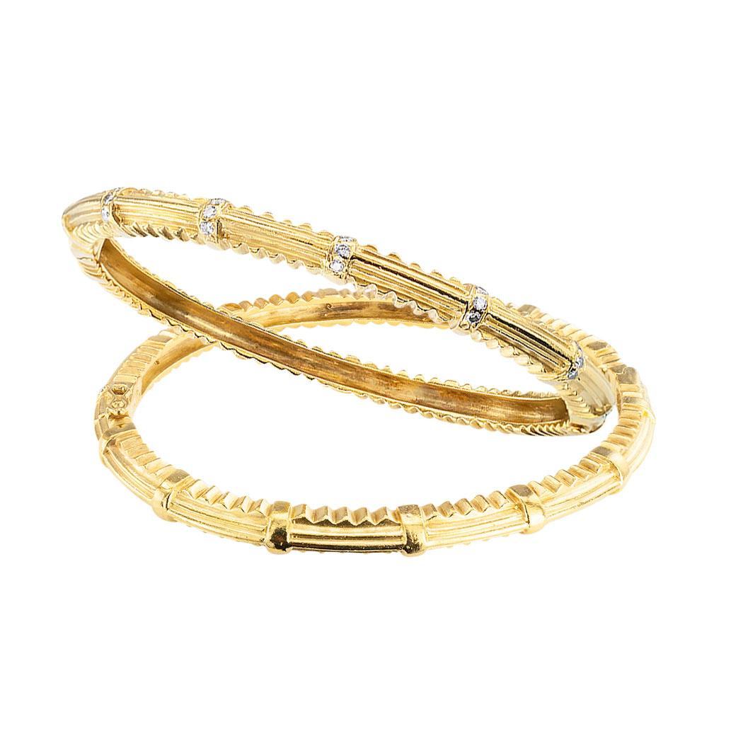 Greek Revival Doris Panos Diamond Yellow Gold Twin Hinged Bangle Bracelets