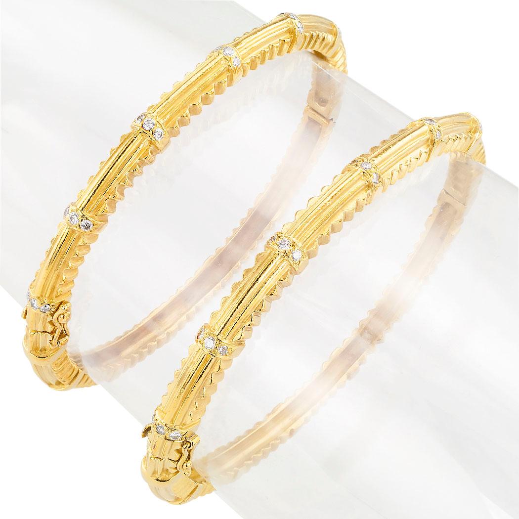 Round Cut Doris Panos Diamond Yellow Gold Twin Hinged Bangle Bracelets