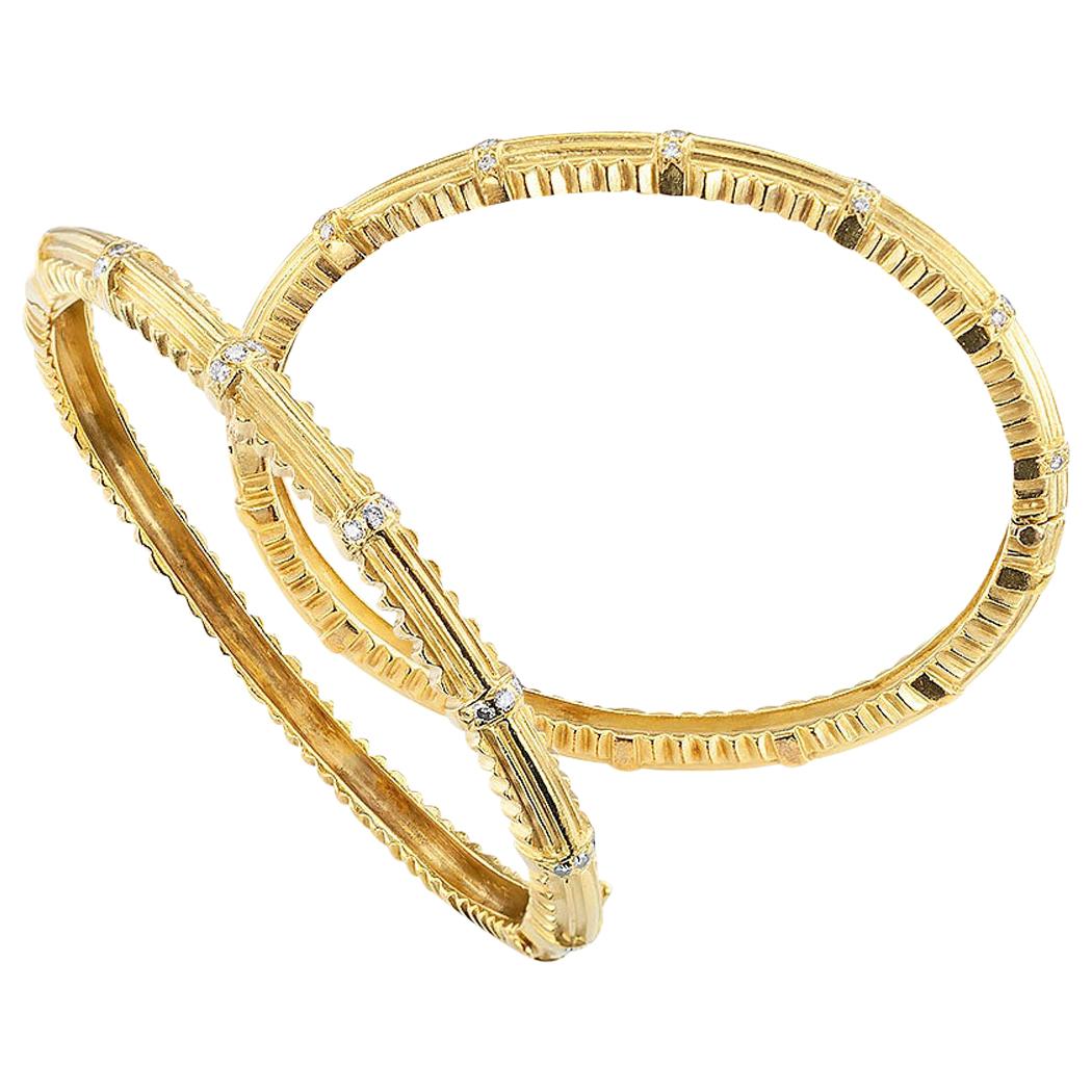 Doris Panos Diamond Yellow Gold Twin Hinged Bangle Bracelets