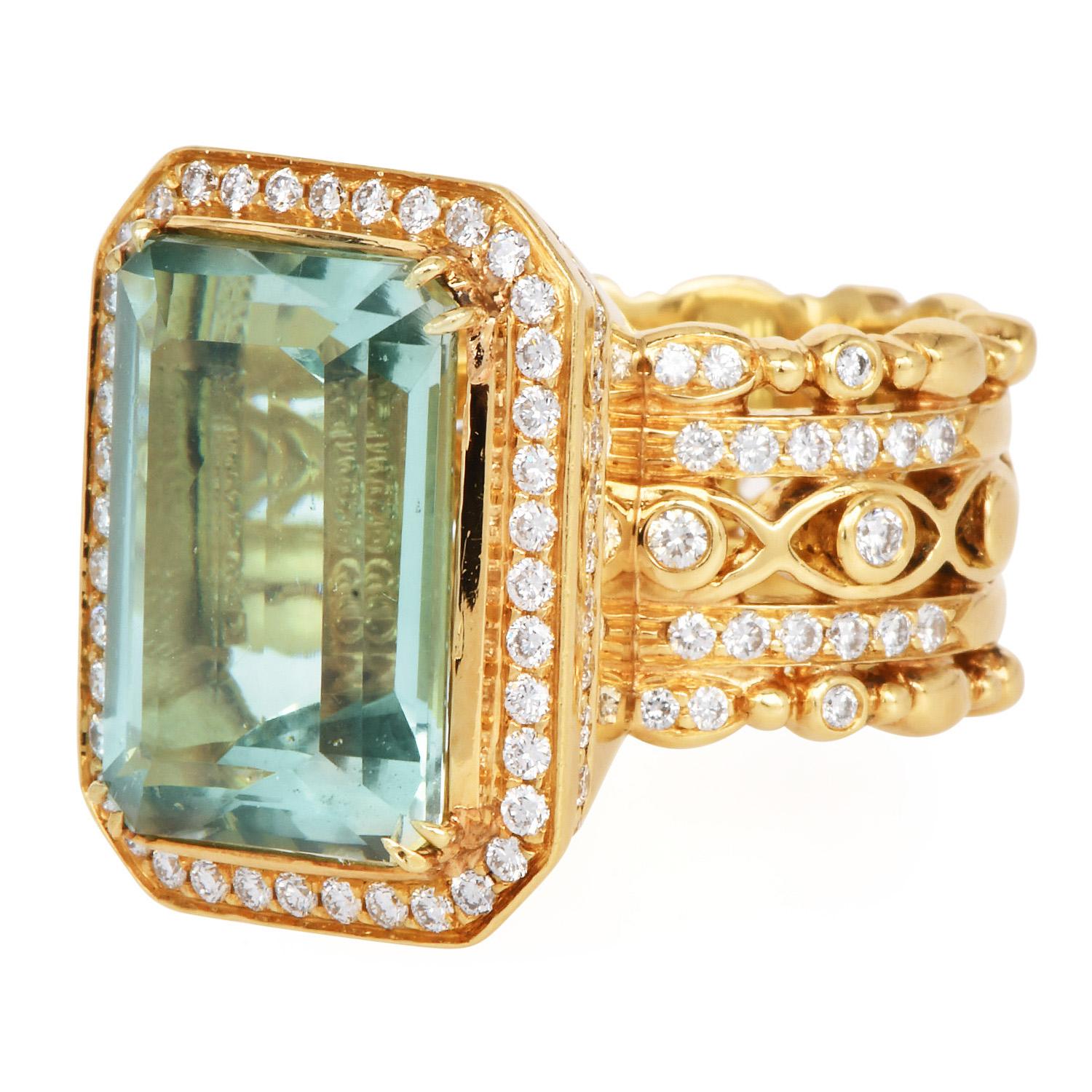 Taille émeraude Doris Panos Bague en or jaune 18k avec améthyste verte et diamant en vente