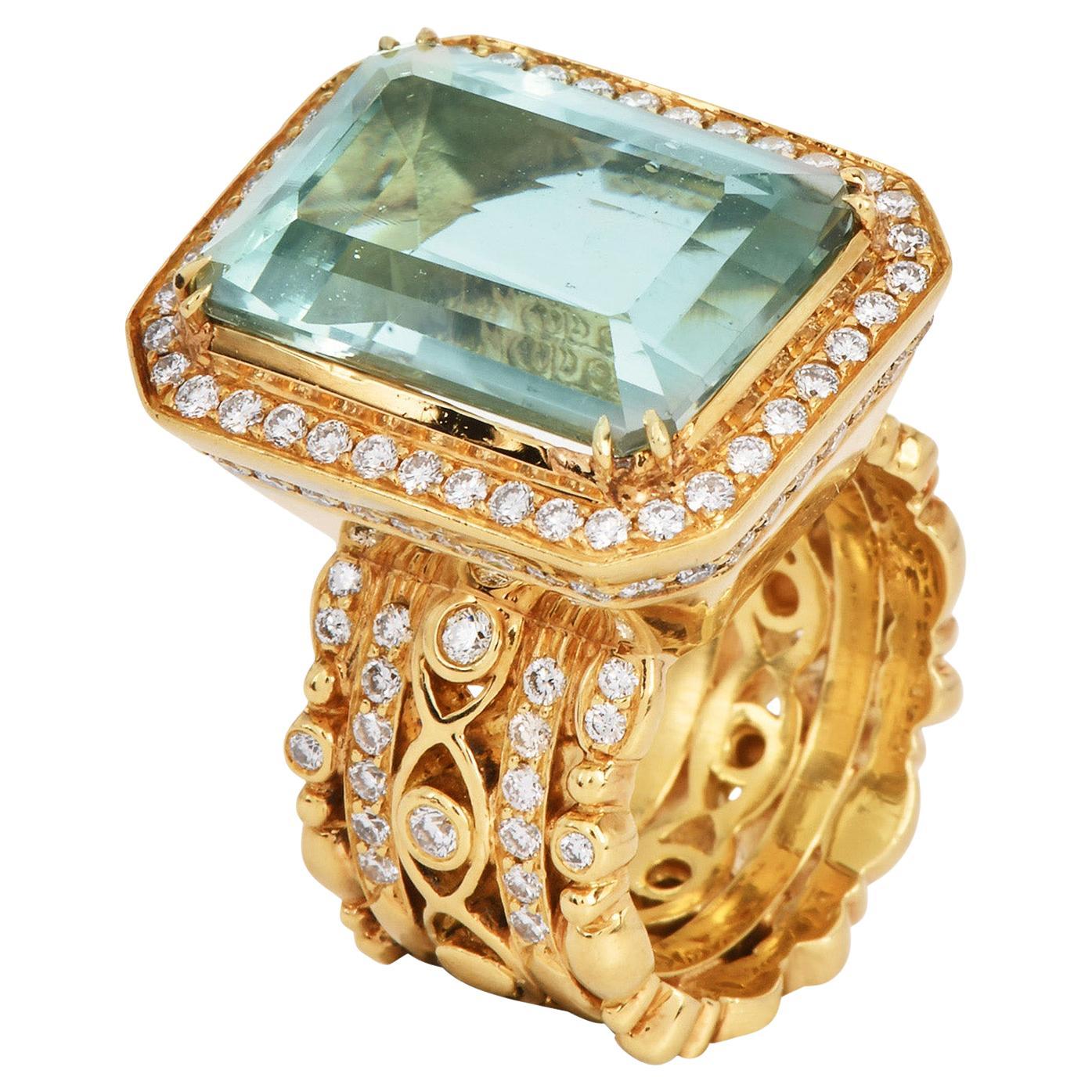 Doris Panos Bague en or jaune 18k avec améthyste verte et diamant en vente