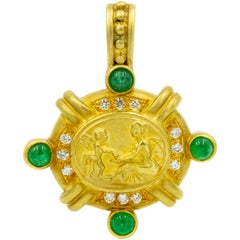 Doris Panos High Relief Angel and Woman Emerald Diamond Yellow Gold Pendant