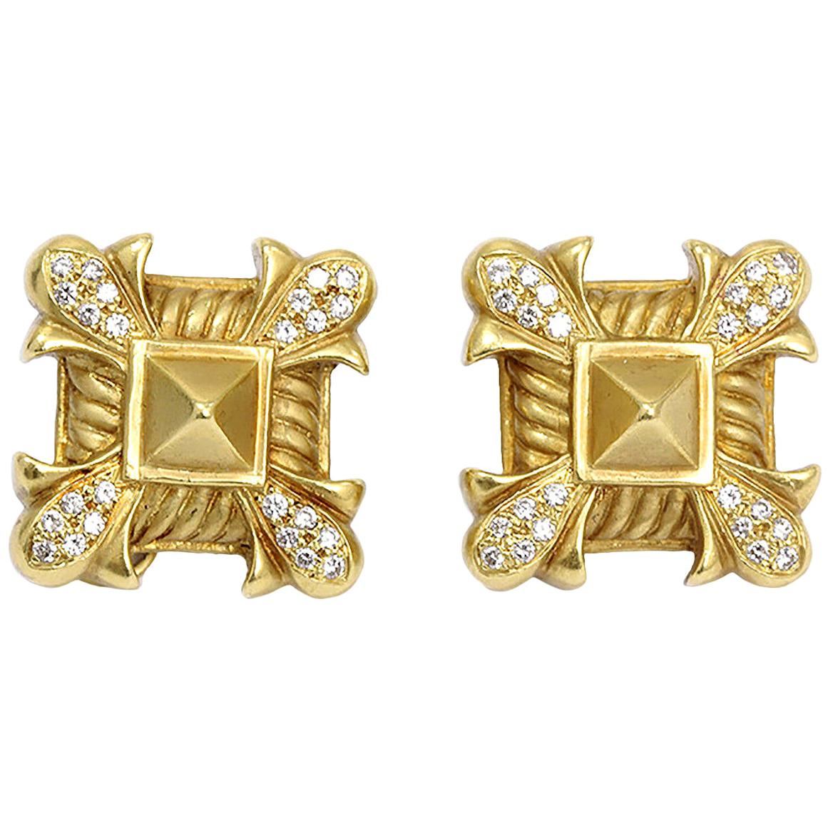 Doris Panos Large Diamond Gold Clip Earrings For Sale