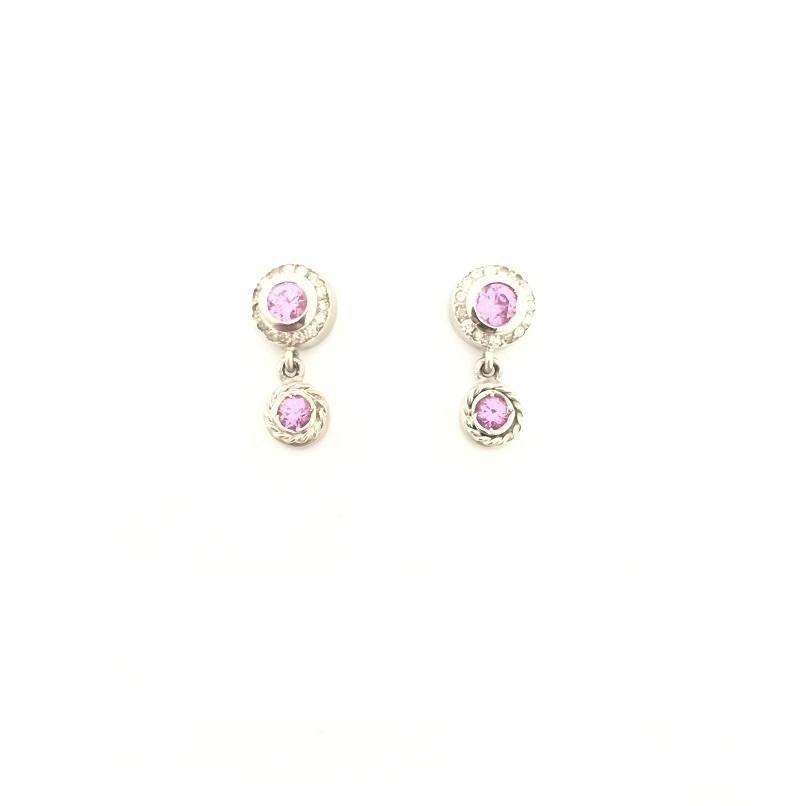 Doris Panos Pink Sapphire and Diamond Ladies Earring in 18k White Gold 
Pink Sapphire 0.70 carat total weight 
Diamond 0.15 carat total weight 
Post Back 
ER404
