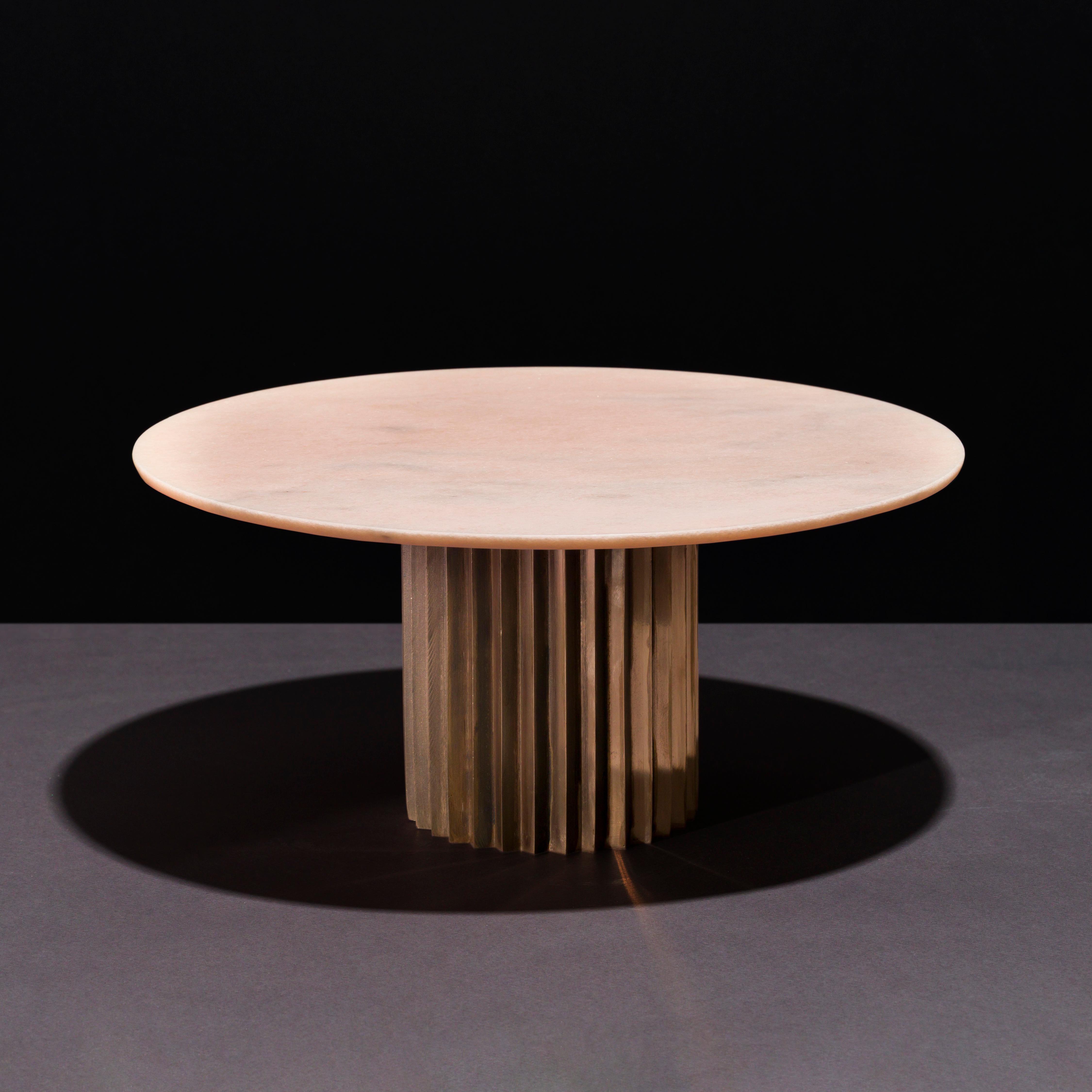 Doris Pink Portugal Marble Dining Table by Fred and Juul
Dimensions: Ø 160 x H 74 cm.
Materials: Bronze and pink Portugal marble.

Available in round, oval and rectangular shapes. Also available in different materials. Custom sizes, materials or