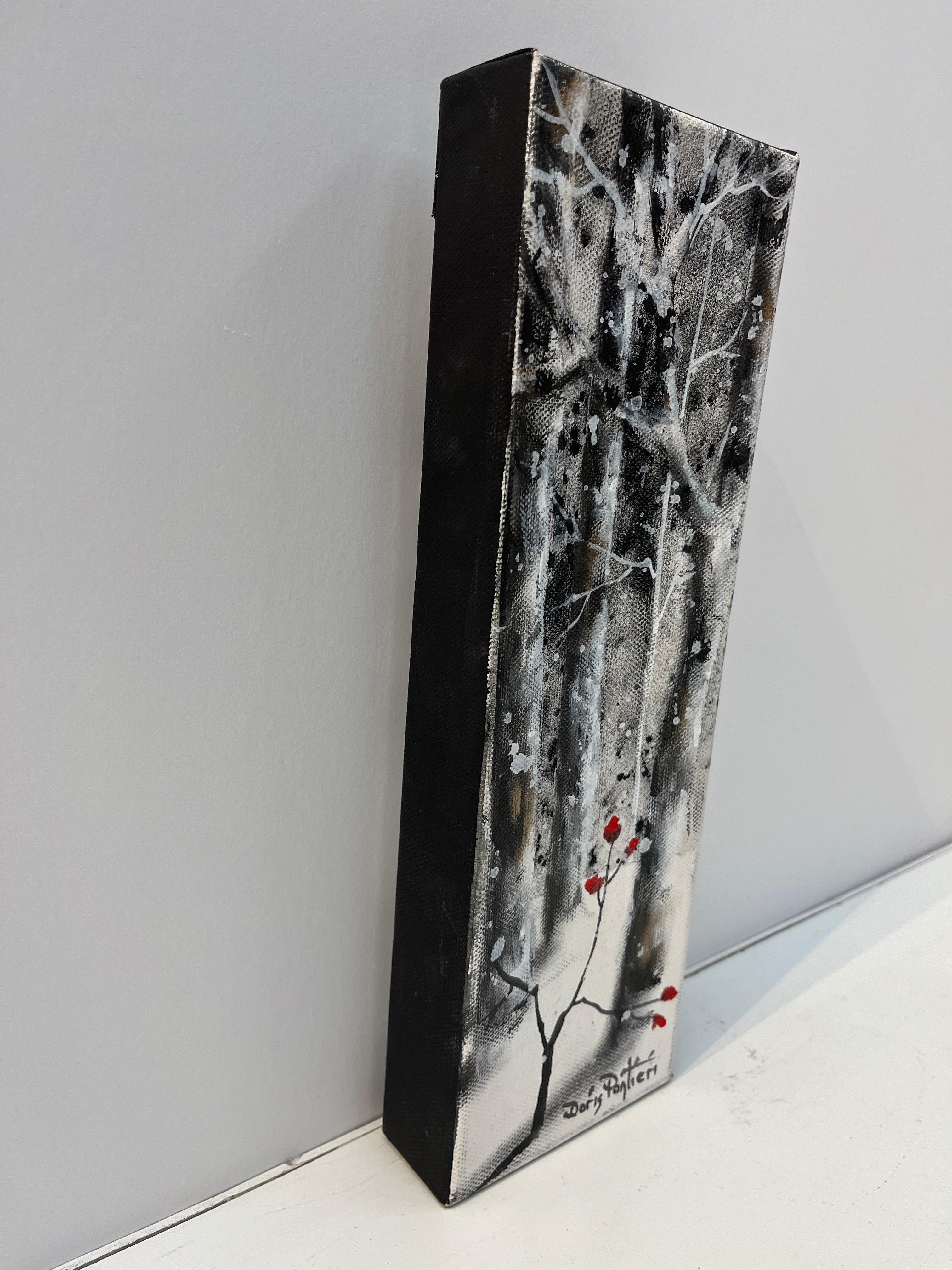Birch Trees in Winter - Black Landscape Painting by Doris Pontieri