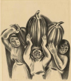 Vintage Les Calabasitas (3 Women carrying Mexican Zucchini Or Yellow Neck Squash) 
