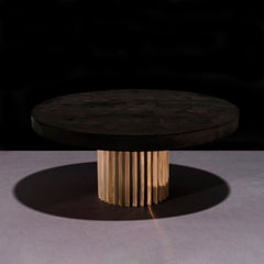 Doris Round Marquetry Table in Ebonized Reclaimed Oak with Cast Bronze Pedestal