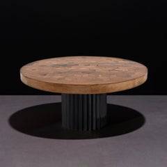 Doris Round Marquetry Table in Reclaimed Oak with Cast Blackened Bronze Pedestal