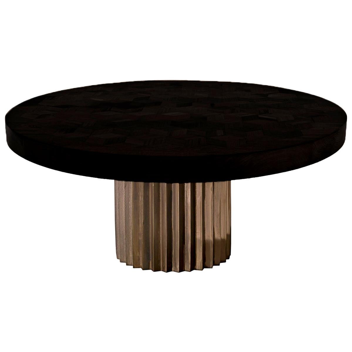 Doris Round Marquetry Table in Ebonized Reclaimed Oak with Cast Bronze Pedestal For Sale