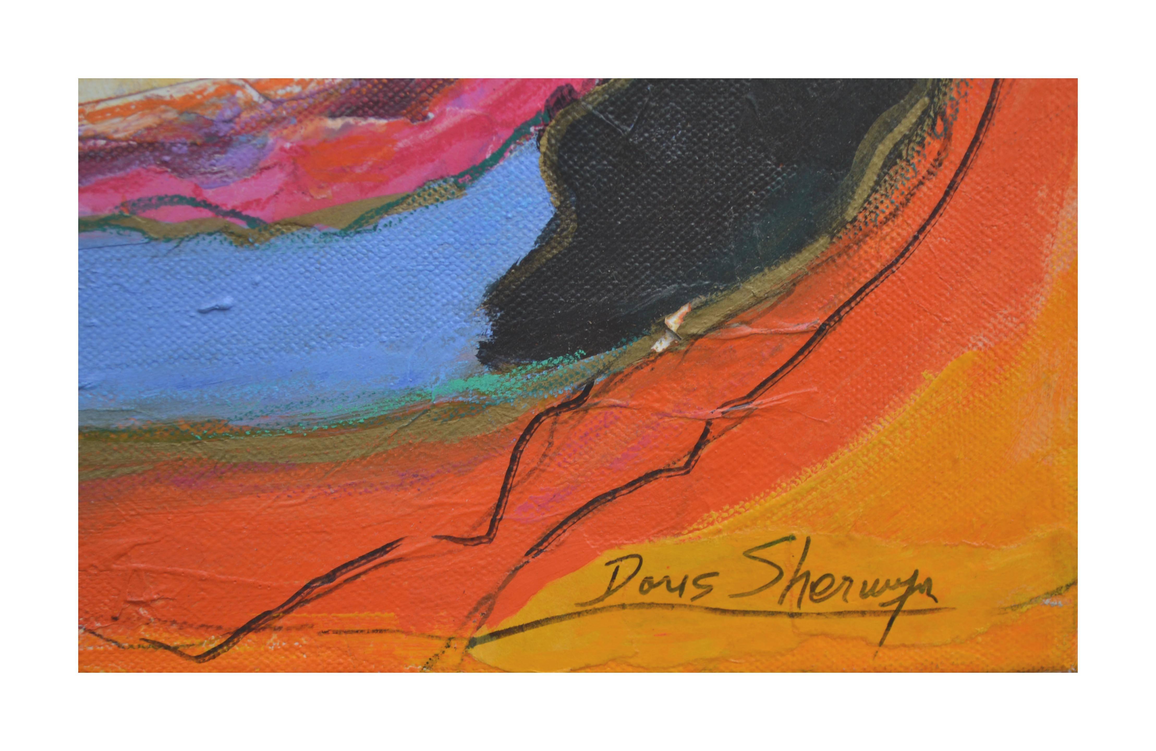 Abstrait dramatique et vibrant en techniques mixtes de l'artiste californienne Doris Sherwyn (américaine, 1927-2015). 

Signé en bas à droite 