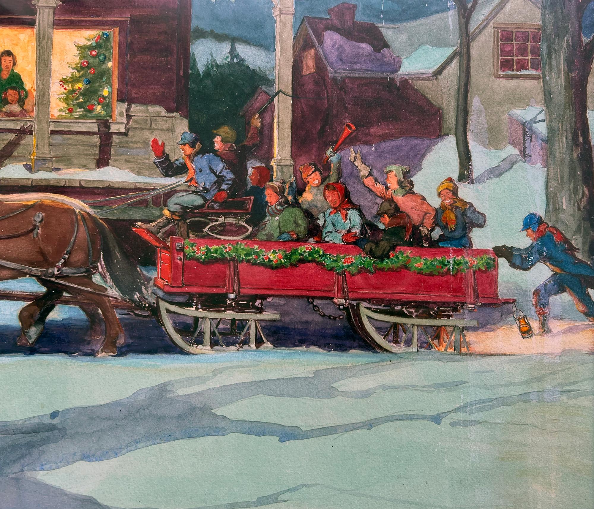Americana,  Drapiertes Pferd zum Weihnachtsfeiern mit Barking-Hunde (Amerikanischer Impressionismus), Painting, von Doris Spiegel