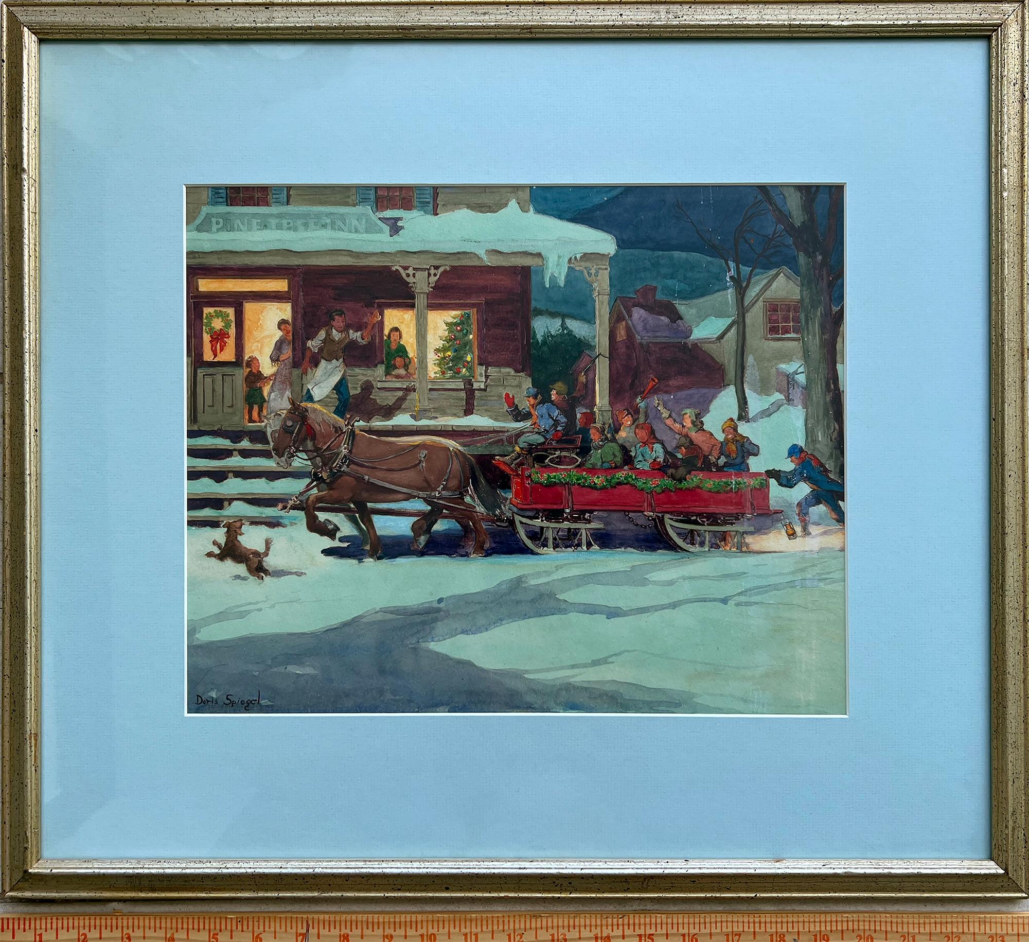 Americana,  Horse Drawn Sled Christmas Celebration with Barking Dog - American Impressionist Painting by Doris Spiegel