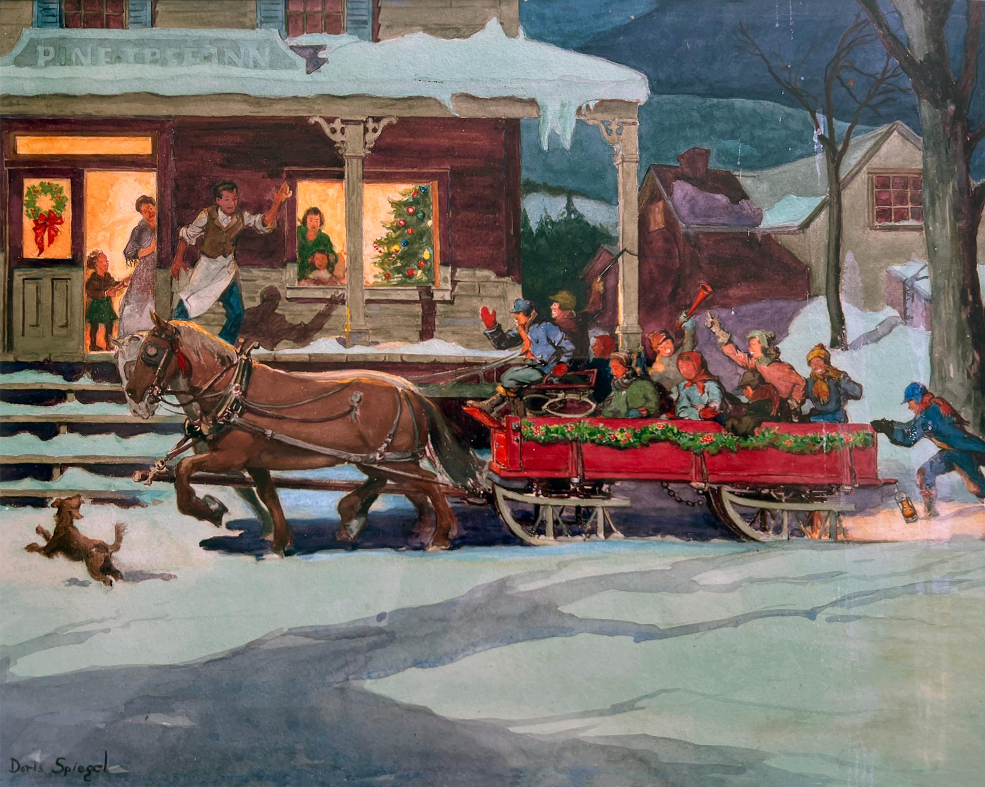 Doris Spiegel Figurative Painting - Americana,  Horse Drawn Sled Christmas Celebration with Barking Dog