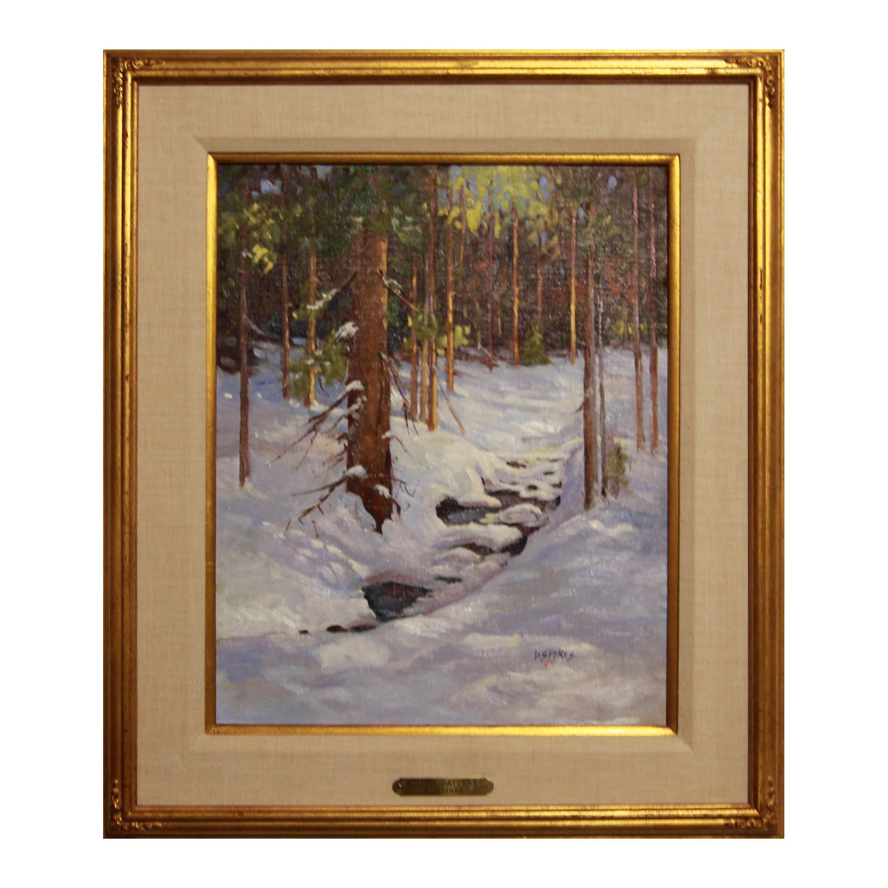 Doris Spires Abstract Painting - "Winter Patterns" Snowy Forest River Realistic Impressionist Landscape