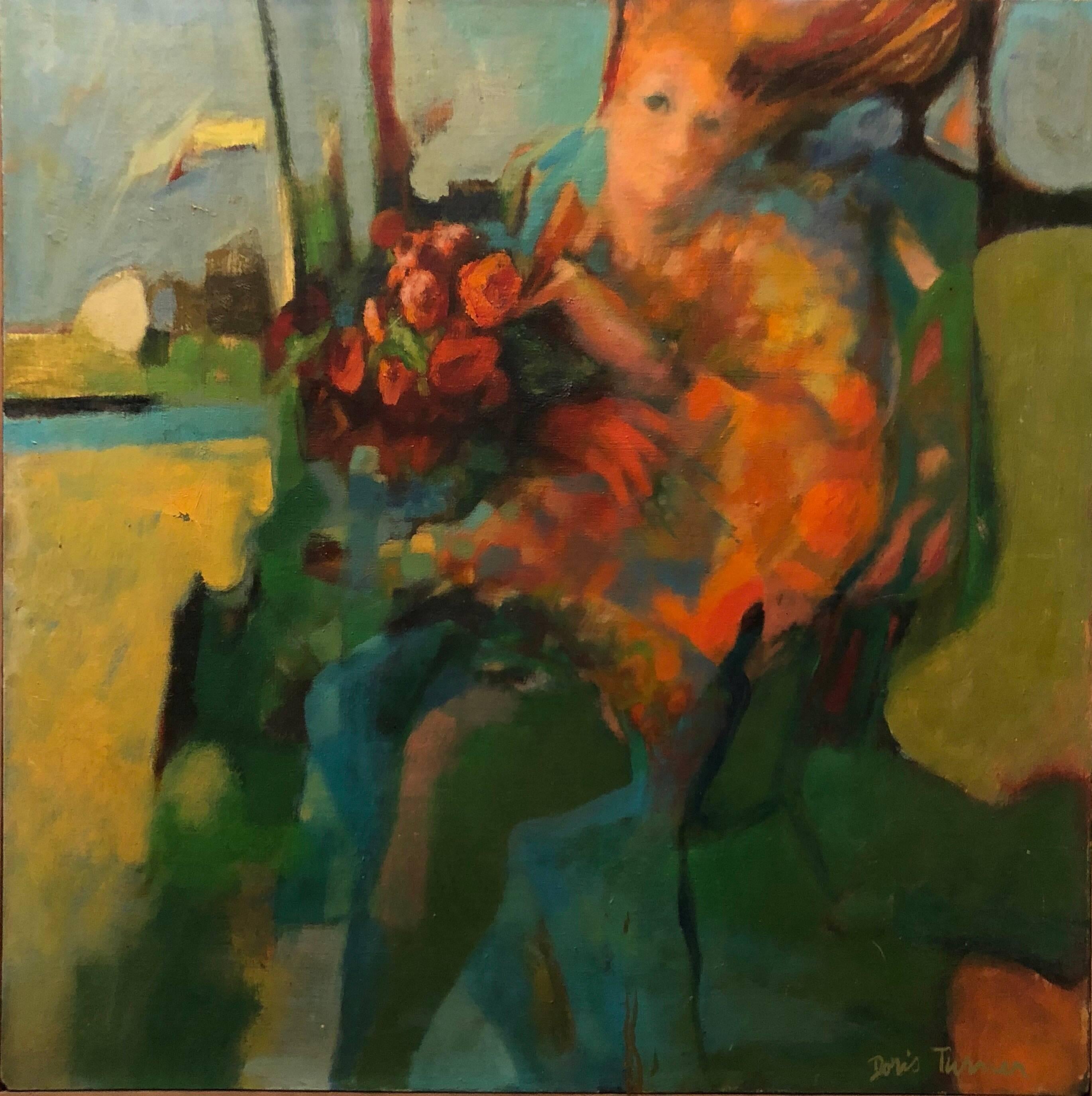 Herbstwind, großes amerikanisches modernistisches Ölgemälde, Frau mit Blumen – Painting von Doris Turner