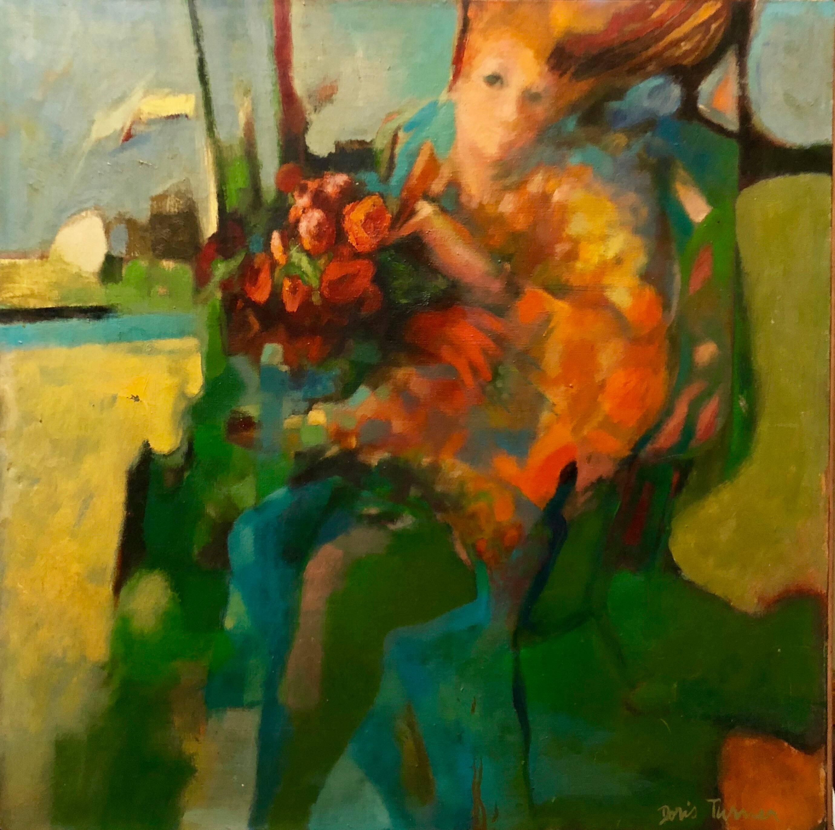 Doris Turner Figurative Painting – Herbstwind, großes amerikanisches modernistisches Ölgemälde, Frau mit Blumen