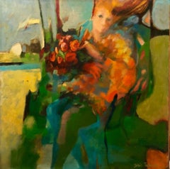 Grande peinture à l'huile moderniste américaine, Femme avec des fleurs au vent d'automne
