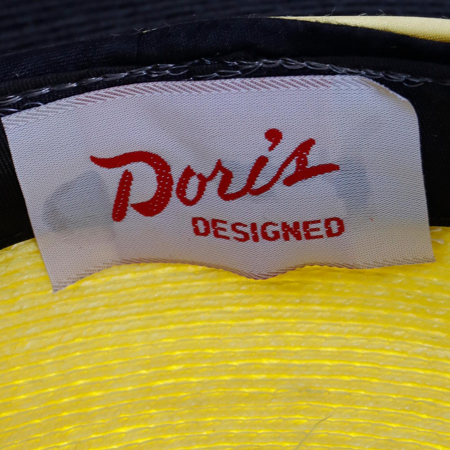 Doris Vintage Black & Yellow Straw Hat w Yellow Satin Bow & Polka Dot Net For Sale 5