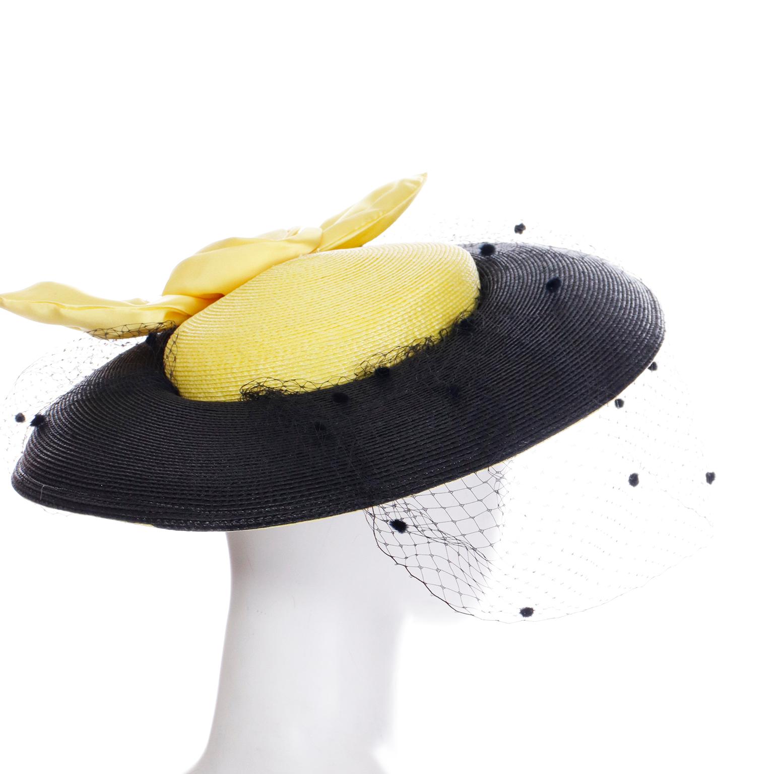 Doris Vintage Black & Yellow Straw Hat w Yellow Satin Bow & Polka Dot Net In Excellent Condition For Sale In Portland, OR