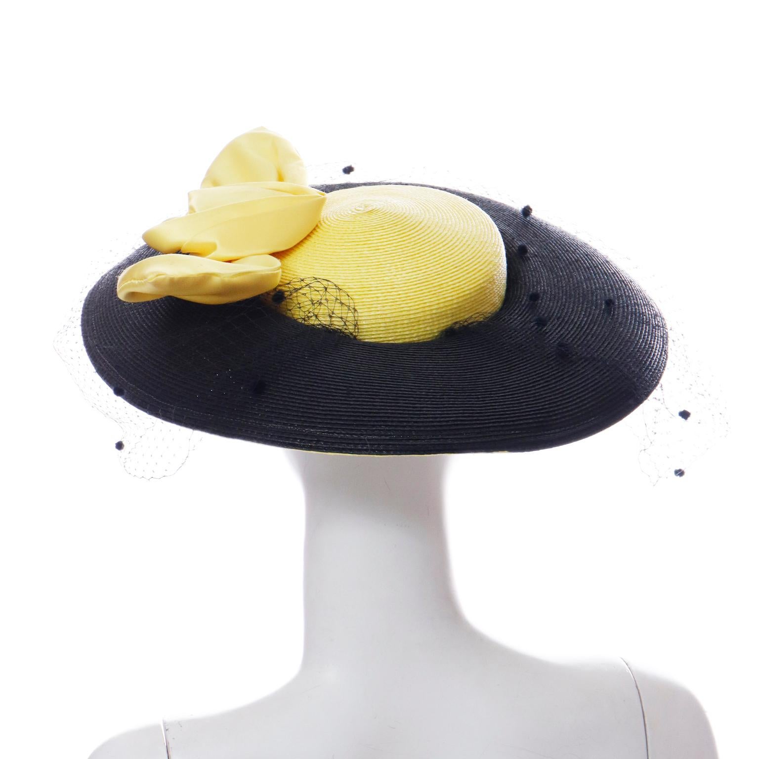 Women's Doris Vintage Black & Yellow Straw Hat w Yellow Satin Bow & Polka Dot Net For Sale