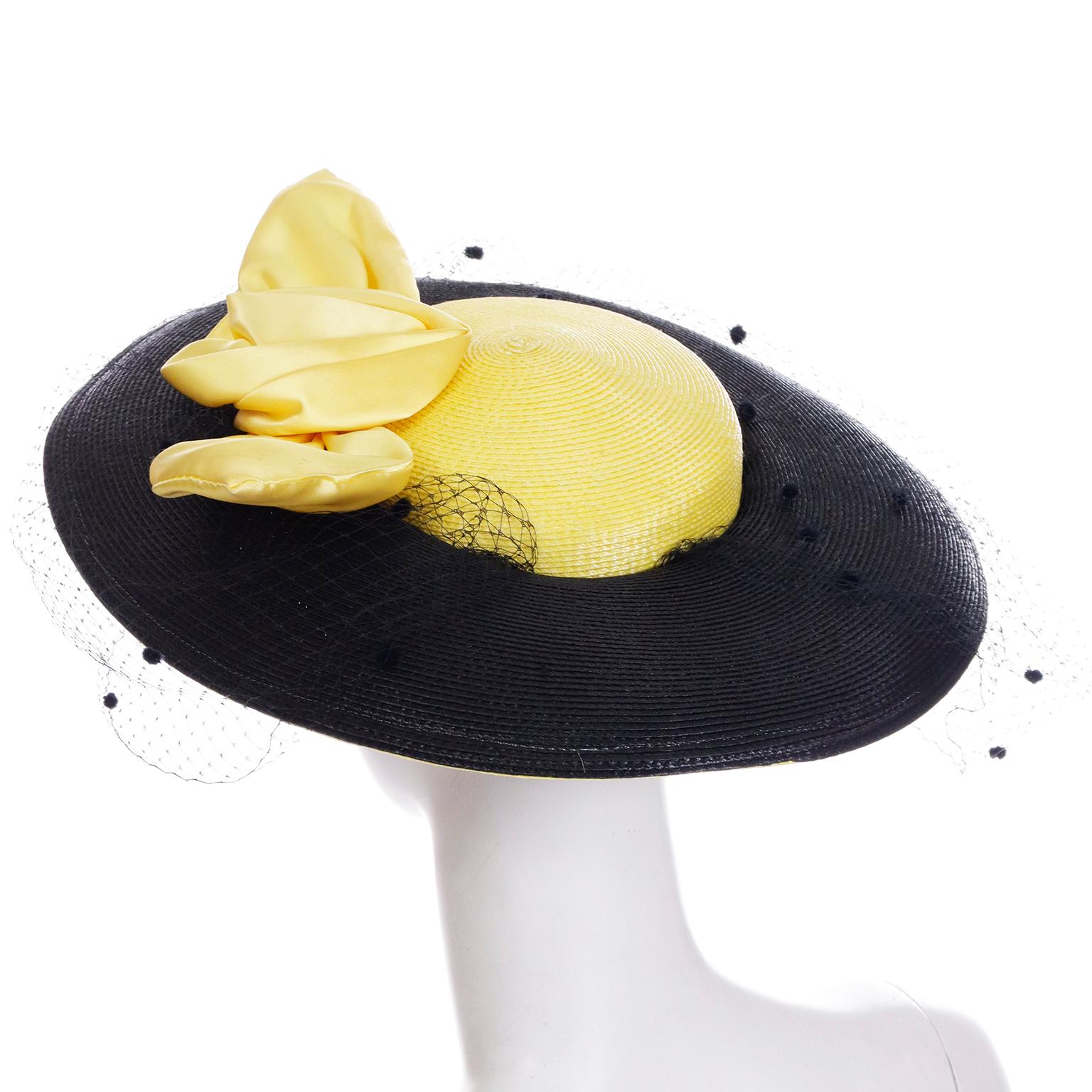 Doris Vintage Black & Yellow Straw Hat w Yellow Satin Bow & Polka Dot Net For Sale 1