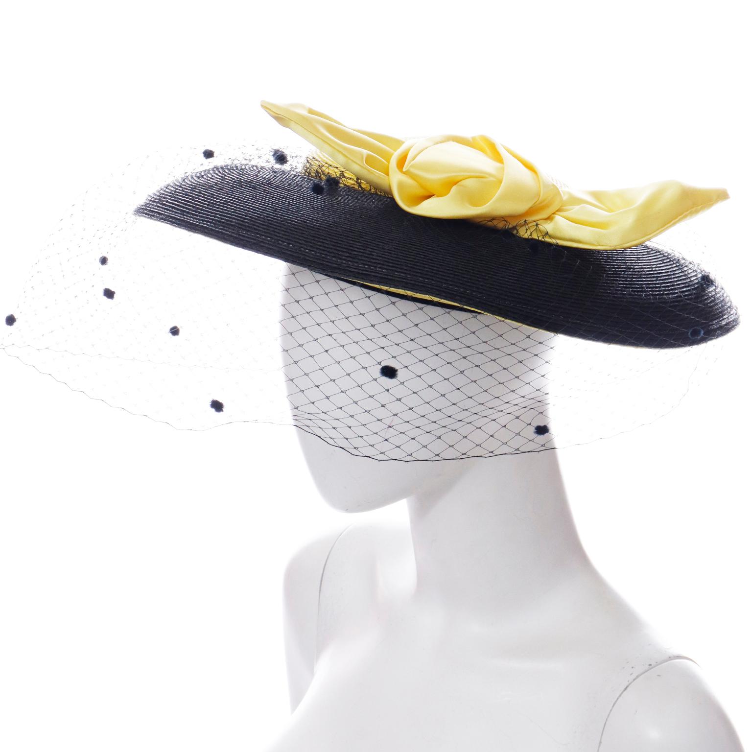 Doris Vintage Black & Yellow Straw Hat w Yellow Satin Bow & Polka Dot Net For Sale 2