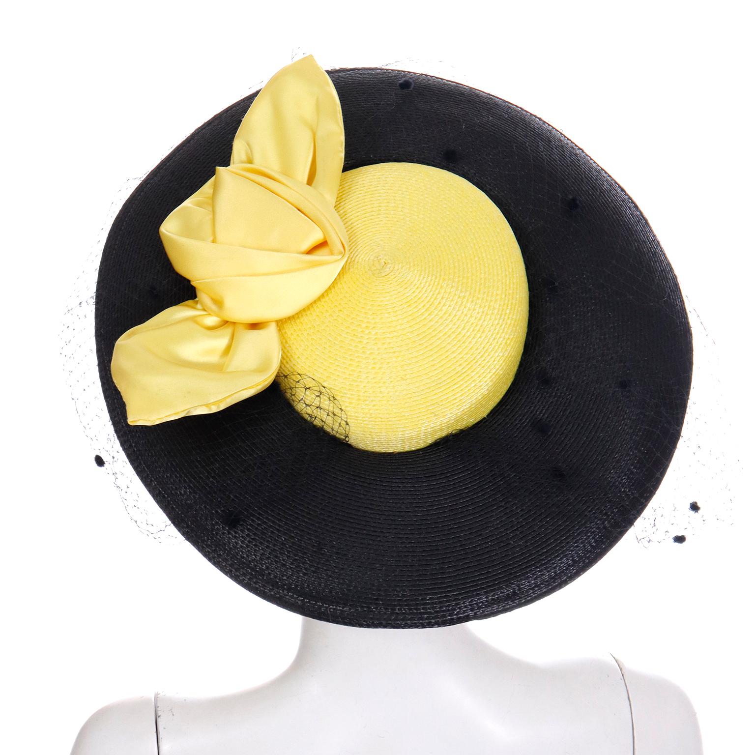 Doris Vintage Black & Yellow Straw Hat w Yellow Satin Bow & Polka Dot Net For Sale 3