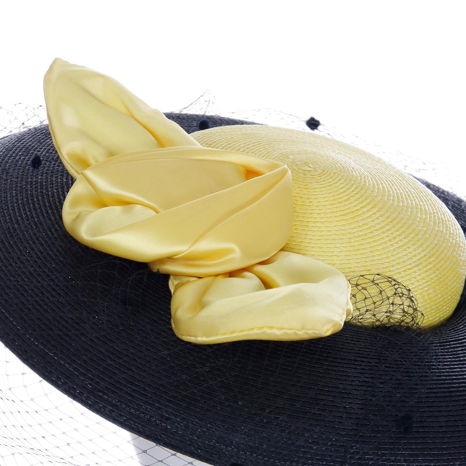 Doris Vintage Black & Yellow Straw Hat w Yellow Satin Bow & Polka Dot Net For Sale 4