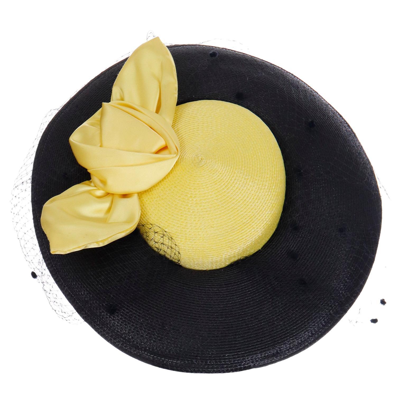 Doris Vintage Black & Yellow Straw Hat w Yellow Satin Bow & Polka Dot Net For Sale
