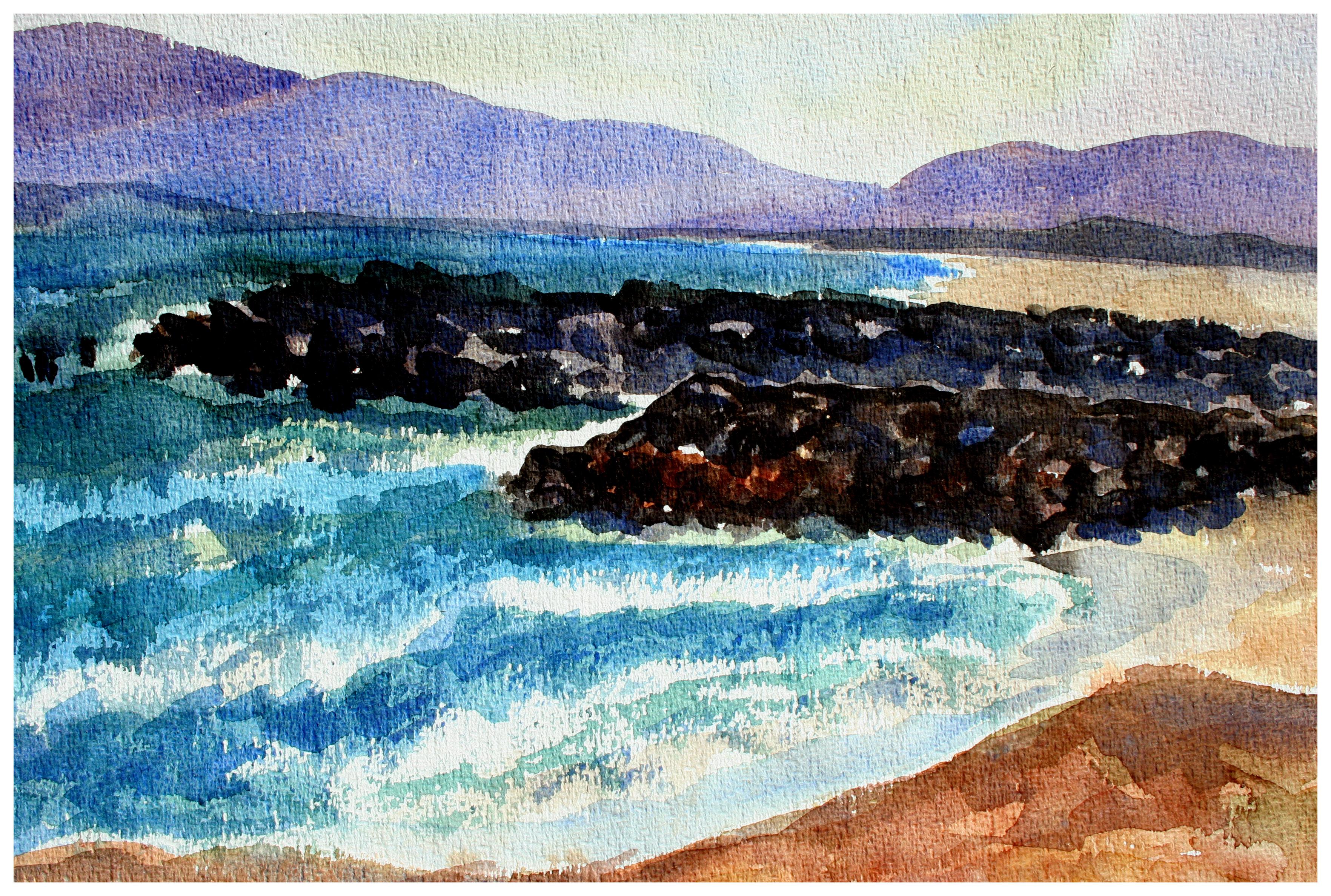 Beach/Purple Mountains, abstrahierte Landschaft, doppelseitig  – Painting von Doris Warner