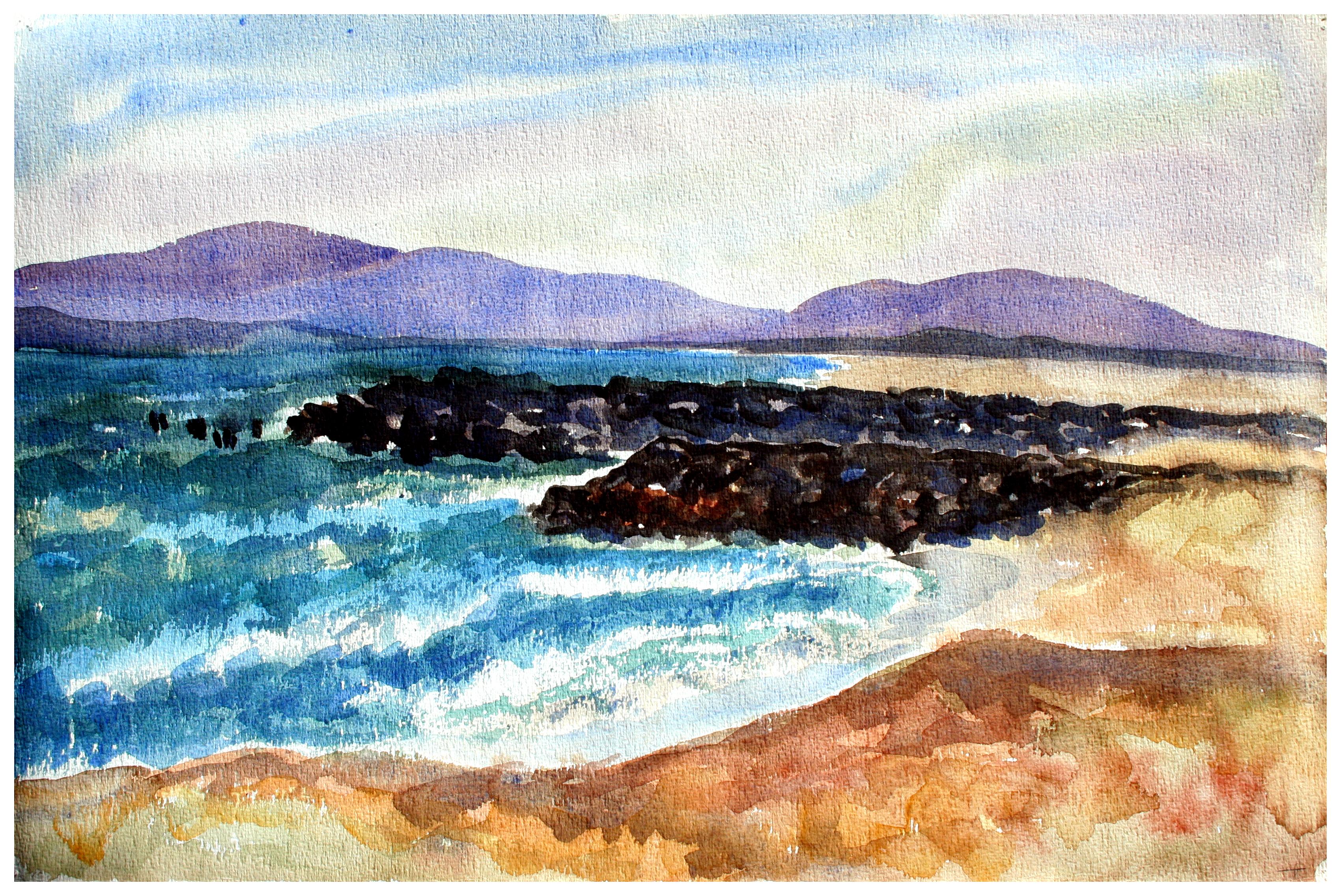 Beach/Purple Mountains, abstrahierte Landschaft, doppelseitig  (Amerikanischer Impressionismus), Painting, von Doris Warner