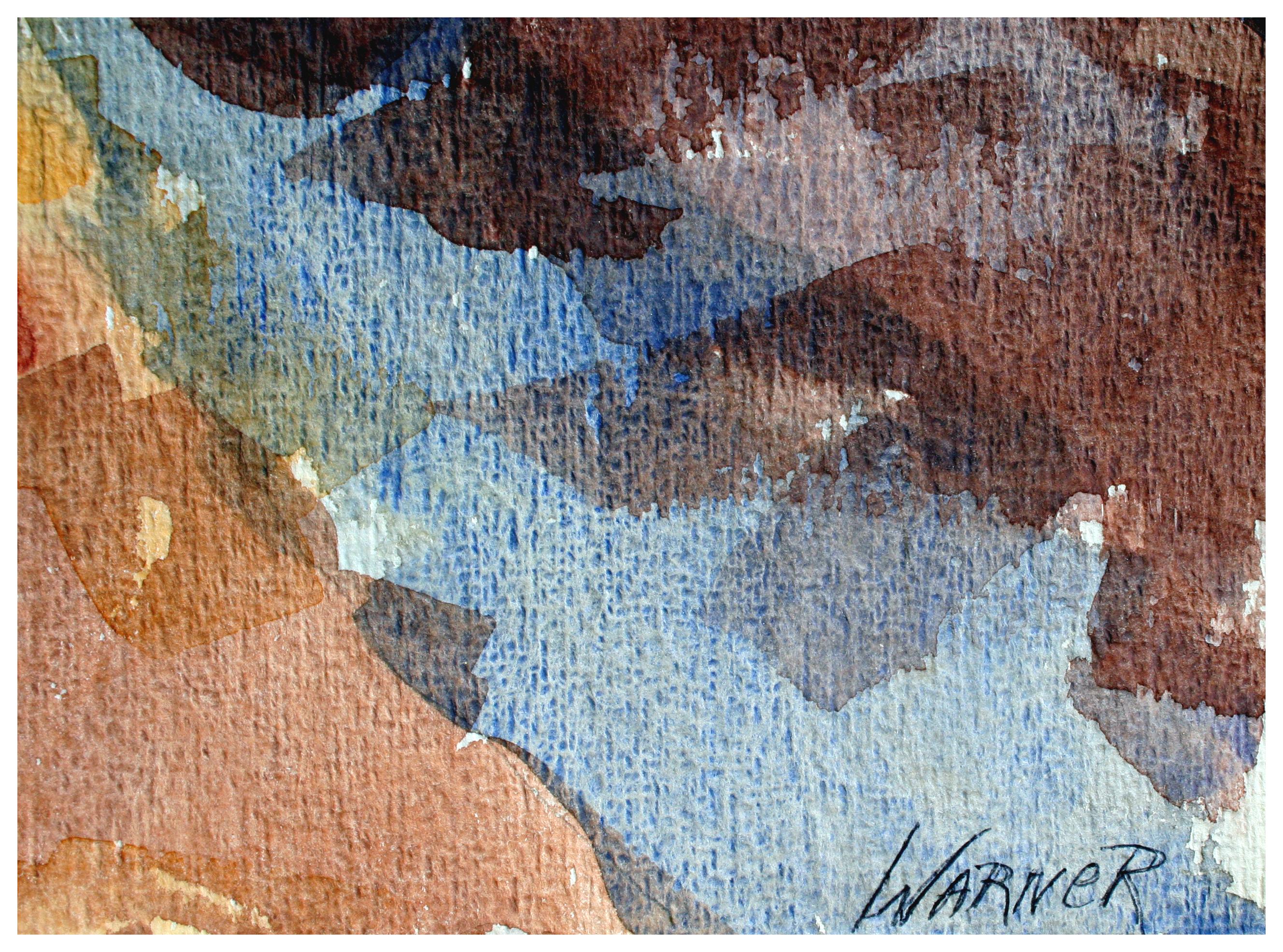 Doppelseitiges Aquarell eines kalifornischen Strandes mit entfernten violetten Bergen von der aufgeführten Künstlerin Doris Ann Warner (Amerikanerin, 1925-2010). Auf der Rückseite befindet sich ein grobes abstraktes Aquarell mit ausgeblendeten