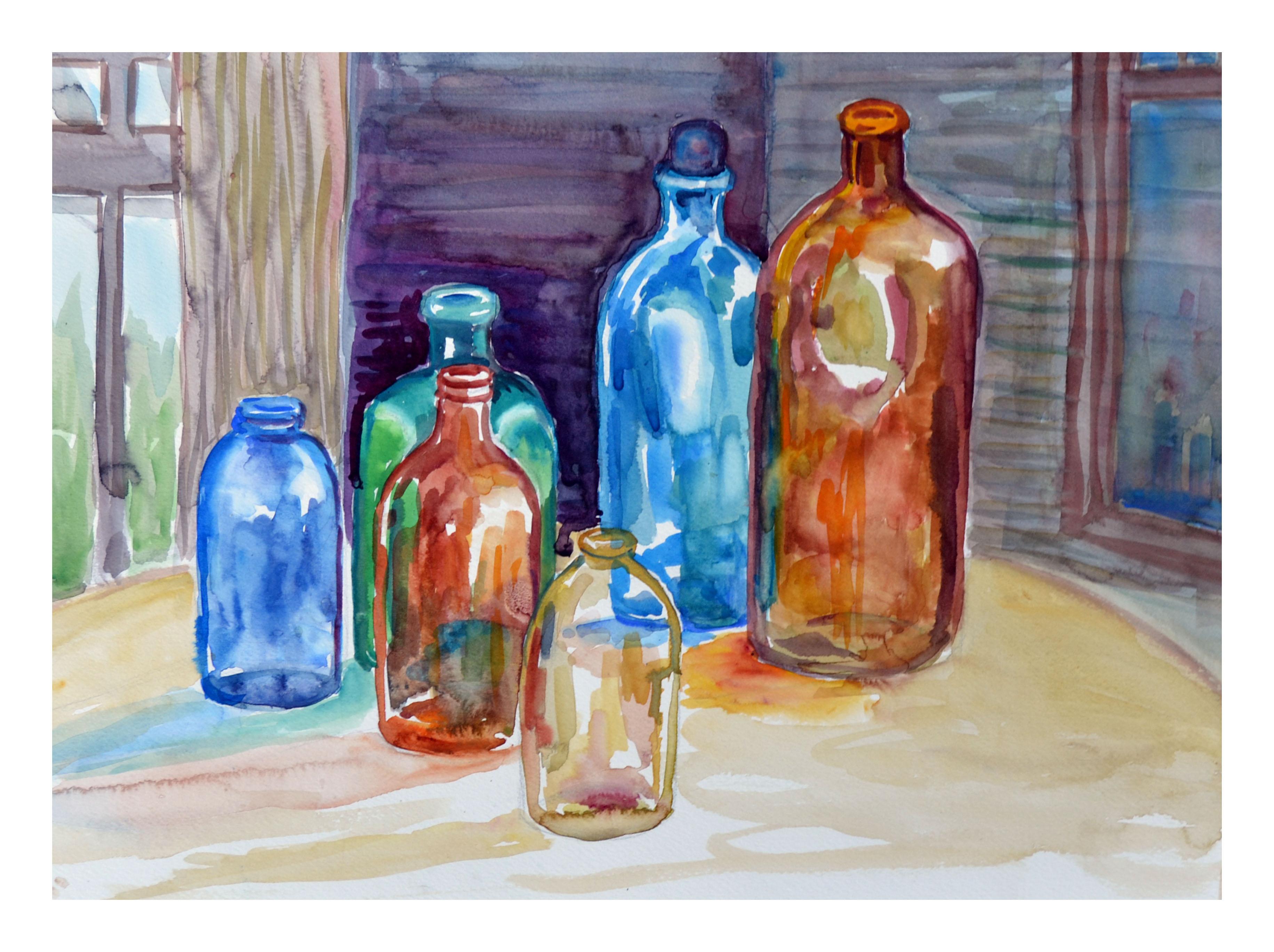 Six Bottles Still Life - Painting by Doris Warner