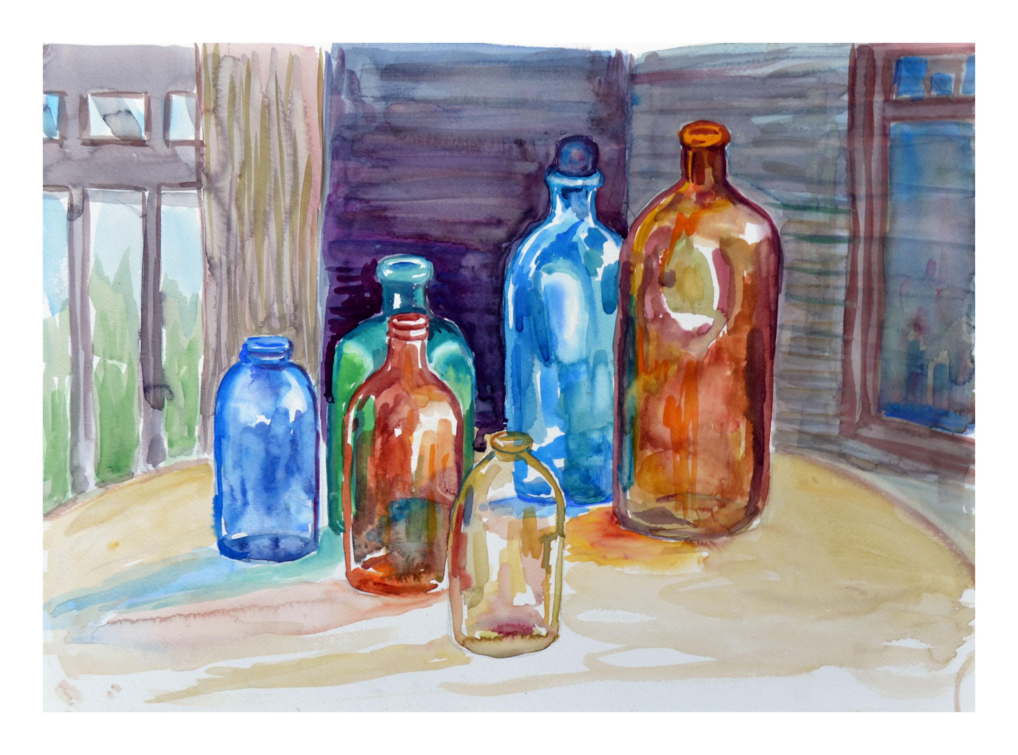 Doris Warner Landscape Painting - Six Bottles Still Life