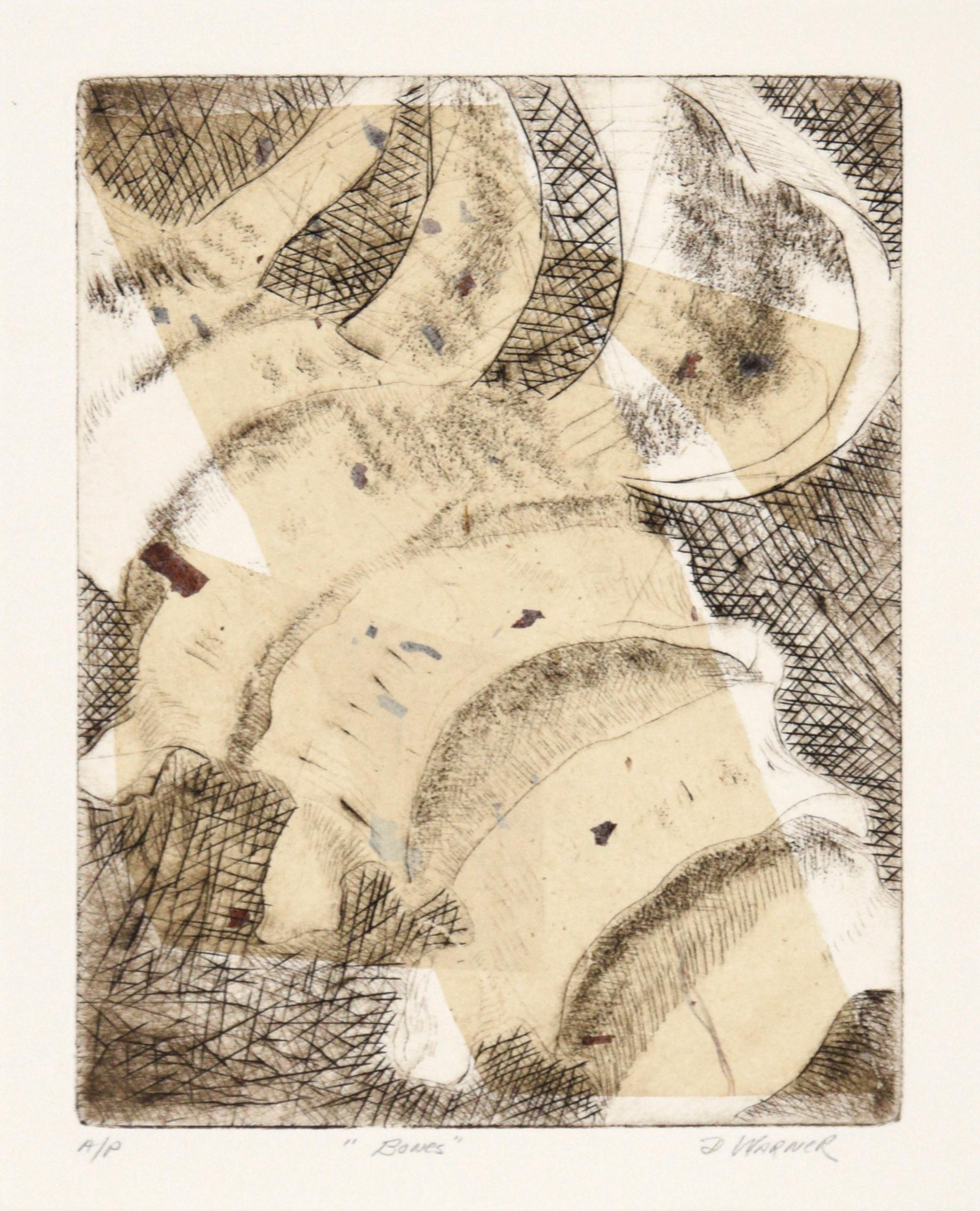 „Bones“ – Abstrakte Radierung mit Tinte auf Papier (Künstler''s Proof) – Print von Doris Warner