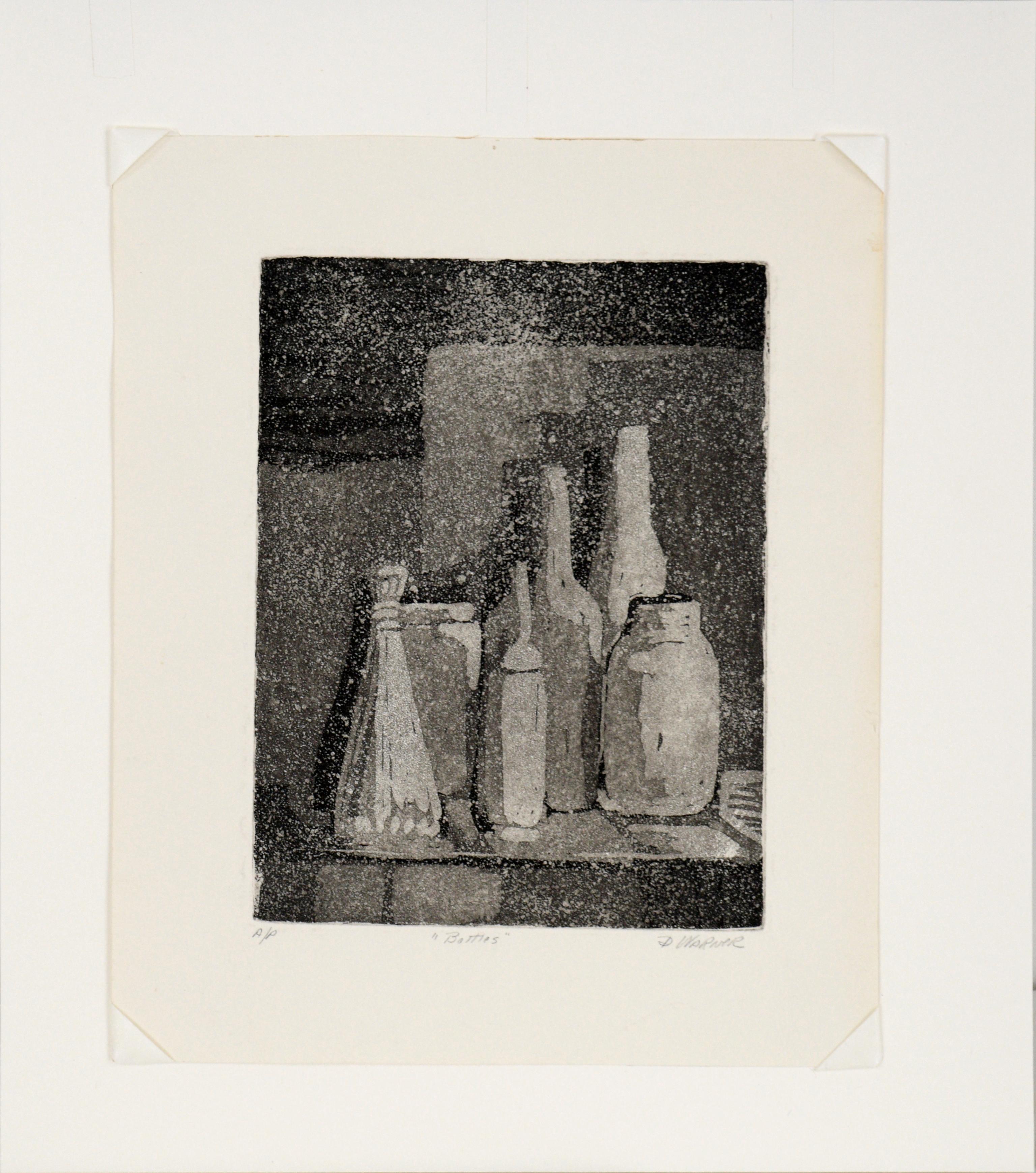 Still life etching by Doris Ann Warner (American, 1925-2010). Several ornate bottles are arranged on a shelf. There is a splatter effect in this piece, creating a sense of blurriness, even though the shapes are well-defined. 

Numbered, titled, and