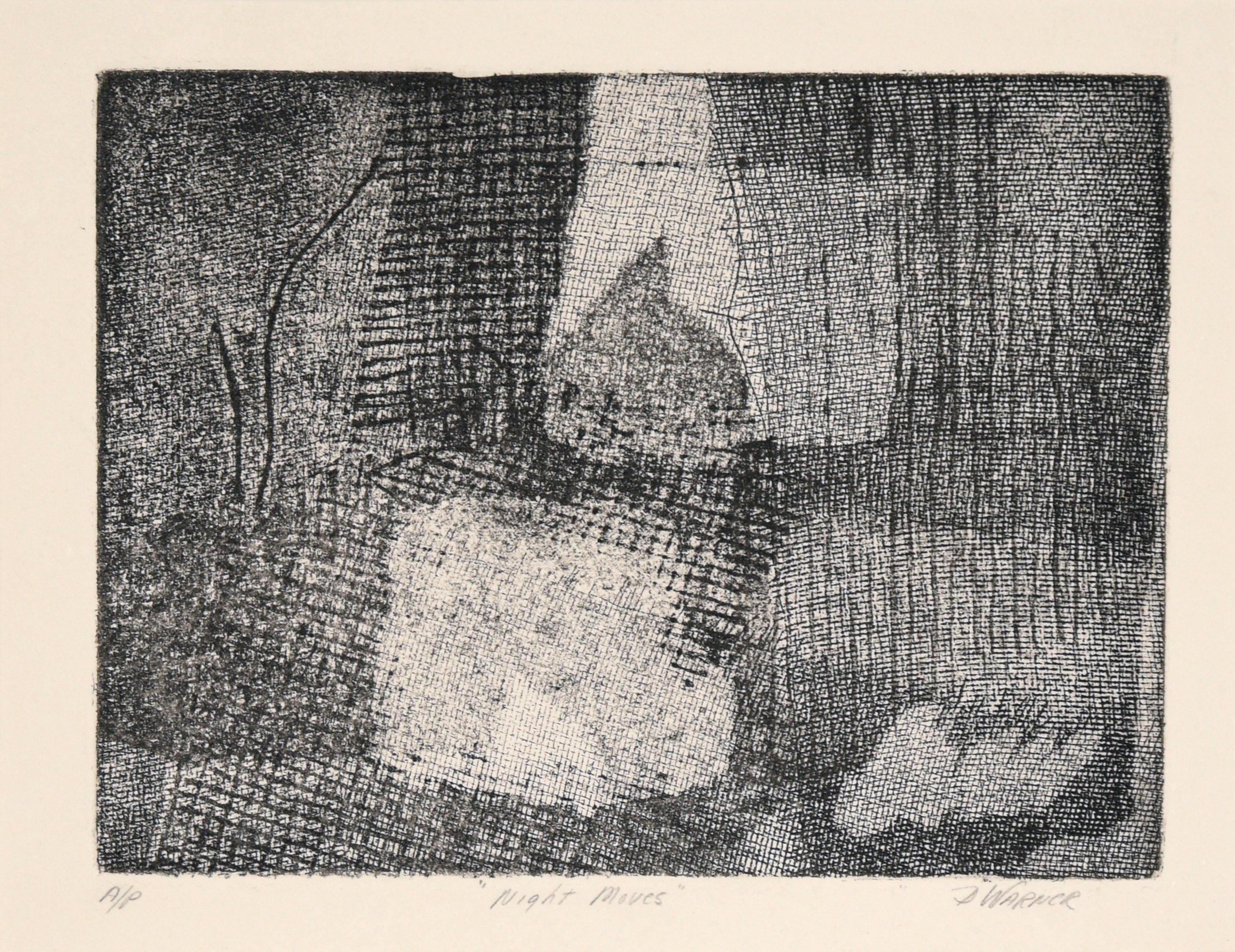 „Night Moves“ – Abstrakte Radierung in Tinte auf Papier (Künstlerprobe) – Print von Doris Warner