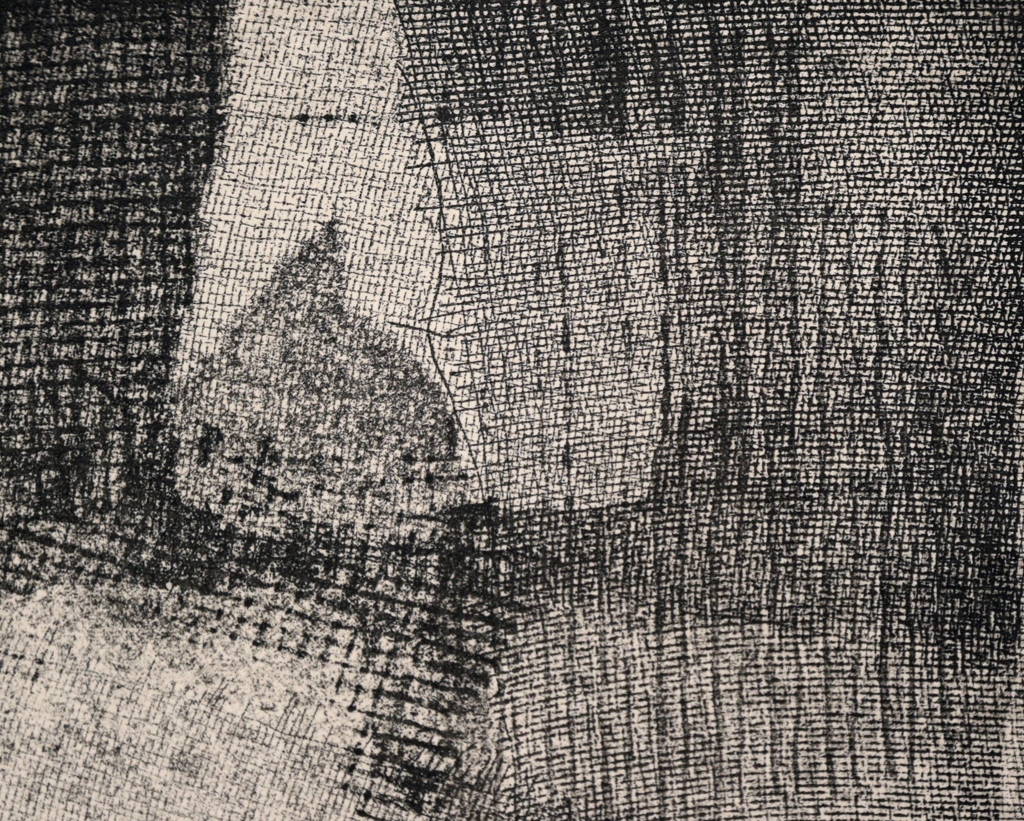 „Night Moves“ – Abstrakte Radierung in Tinte auf Papier (Künstlerprobe)
Abstrakter Textildruck von Doris Ann Warner (Amerikanerin, 1925-2010). Dieses Stück besteht aus sich überlappenden Stoffmustern, die an ein Käsetuch erinnern. Durch die