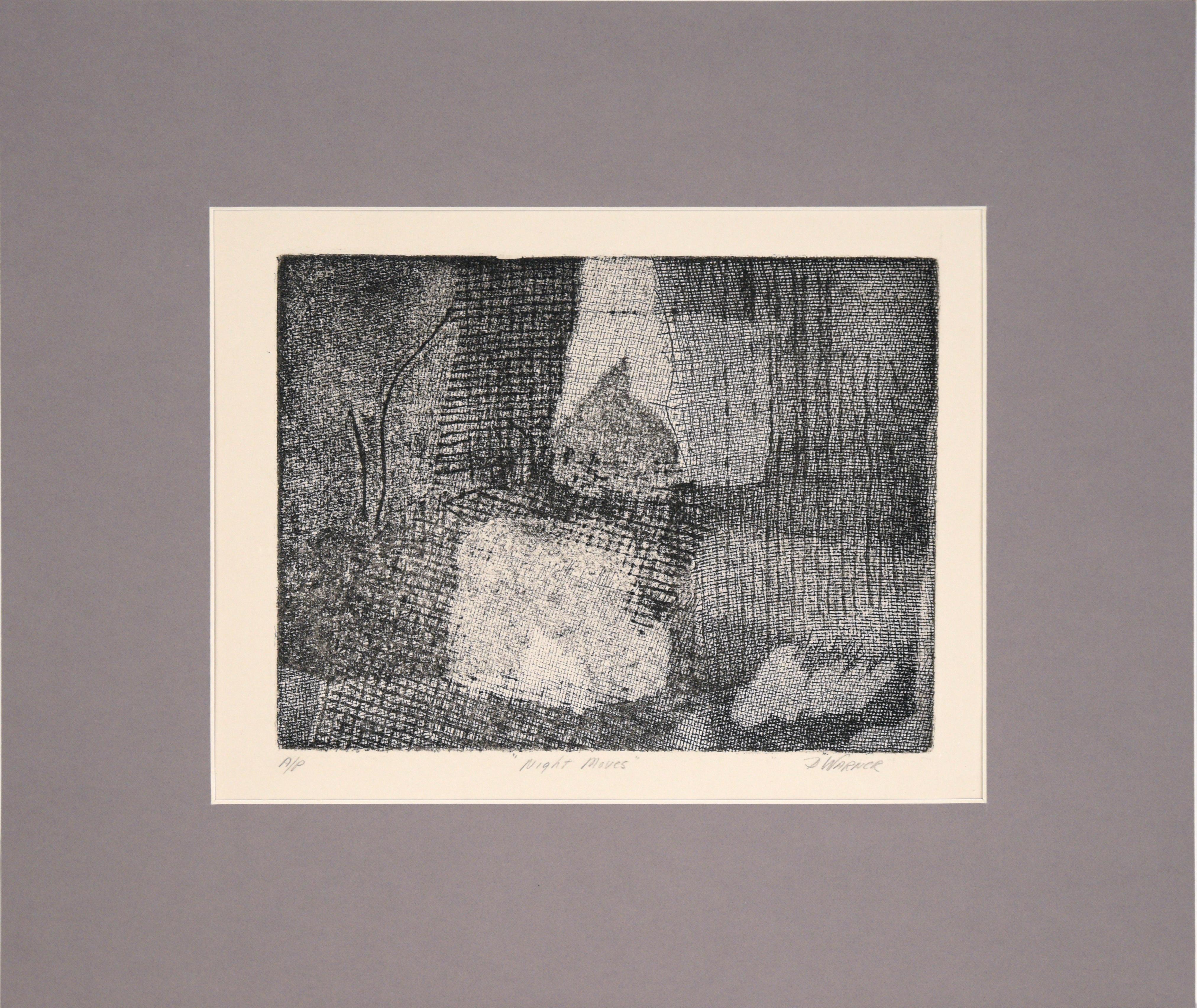 Doris Warner Still-Life Print – „Night Moves“ – Abstrakte Radierung in Tinte auf Papier (Künstlerprobe)