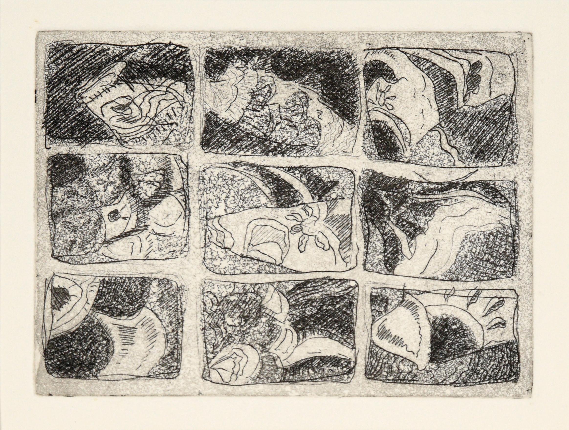 Nine Pane Window - Abstracted Etching in Ink on Paper - Print by Doris Warner
