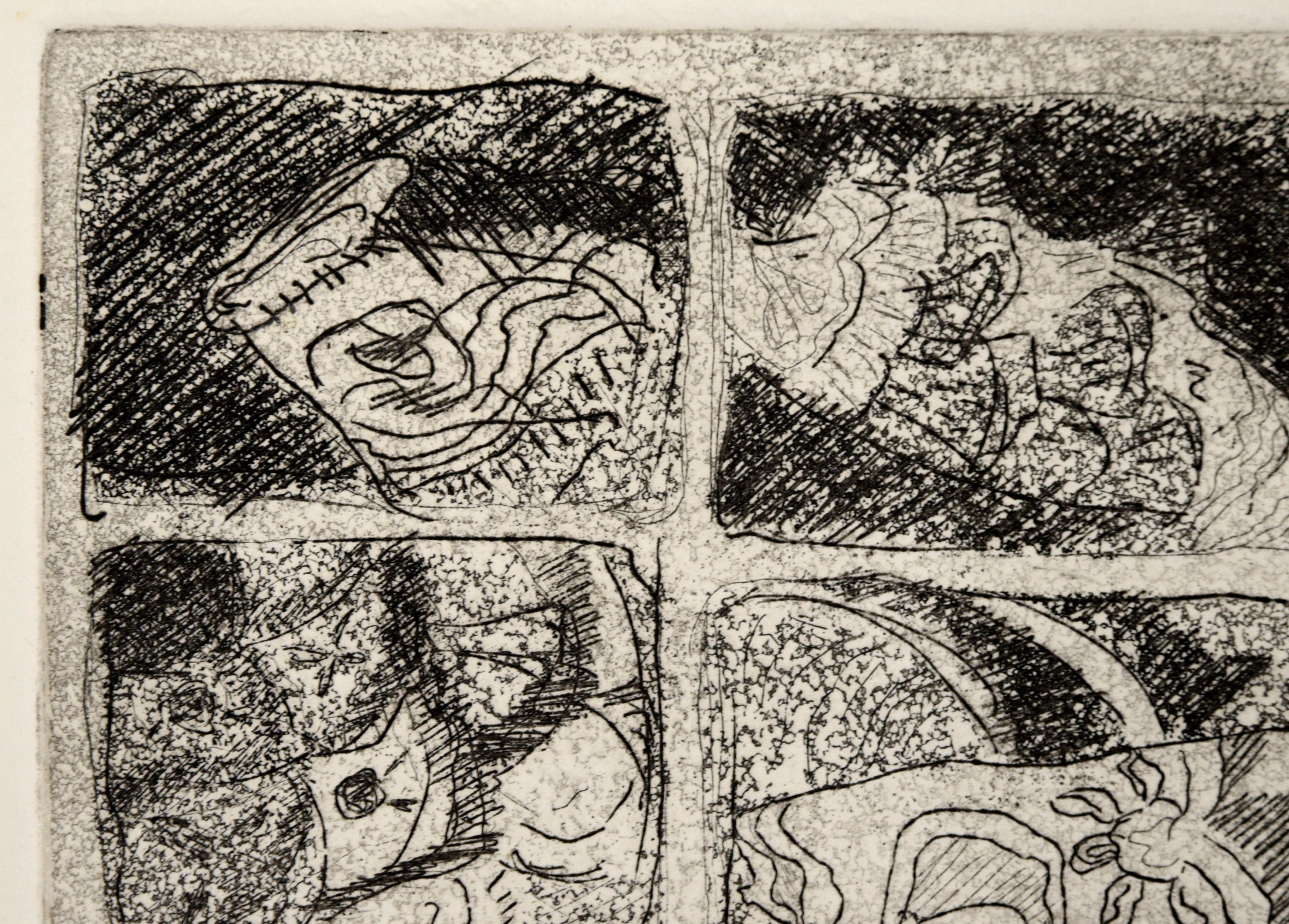 Fenêtre à neuf carreaux - Gravure abstraite à l'encre sur papier - Abstrait Print par Doris Warner