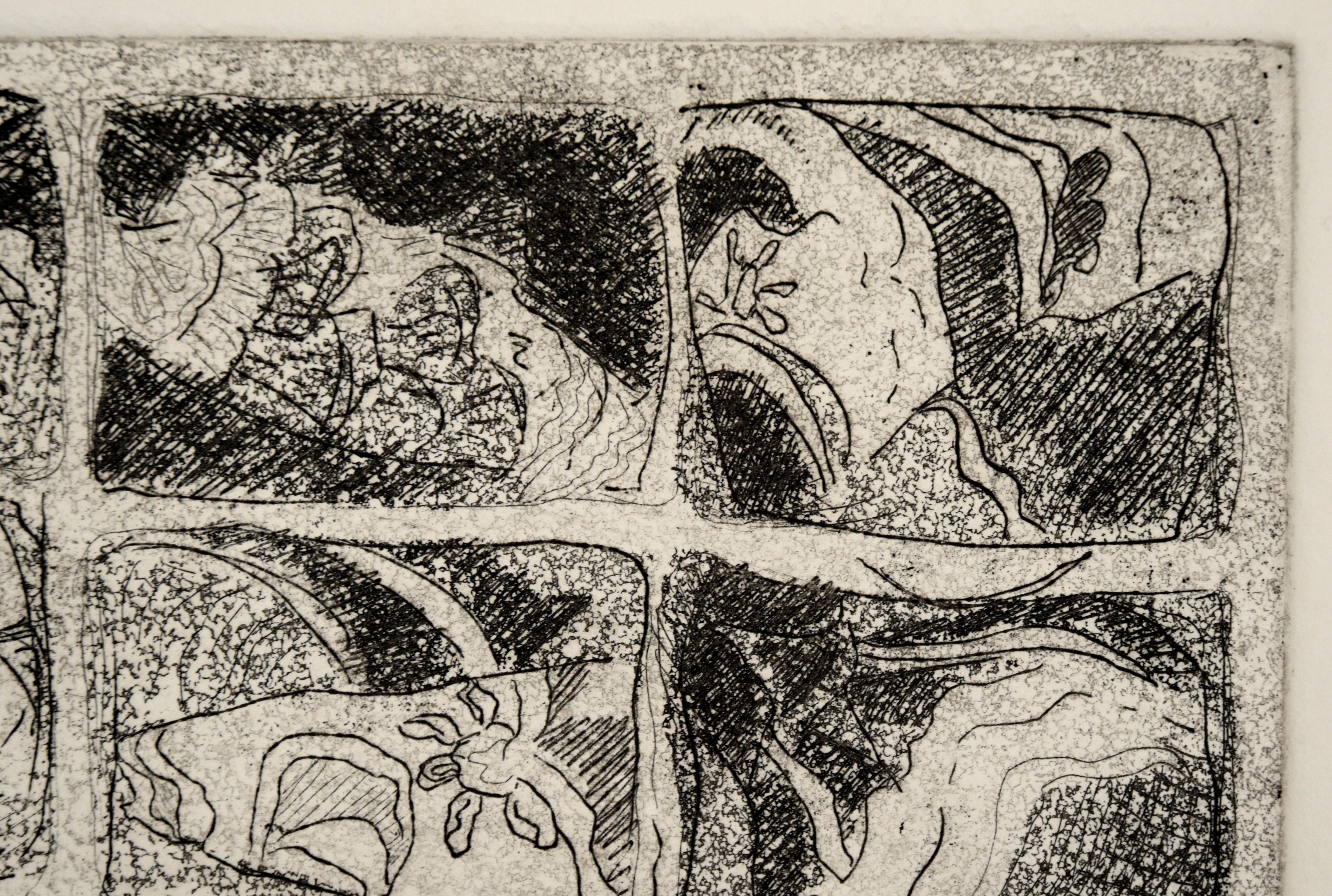 Abstrahierter Druck von Doris Ann Warner (Amerikanerin, 1925-2010). Neun Scheiben sind in einem Raster von drei mal drei angeordnet, jede mit einer kleinen abstrahierten Szene. Es gibt Objekte, die wie Blumen, Blätter und die Sonne aussehen, sowie