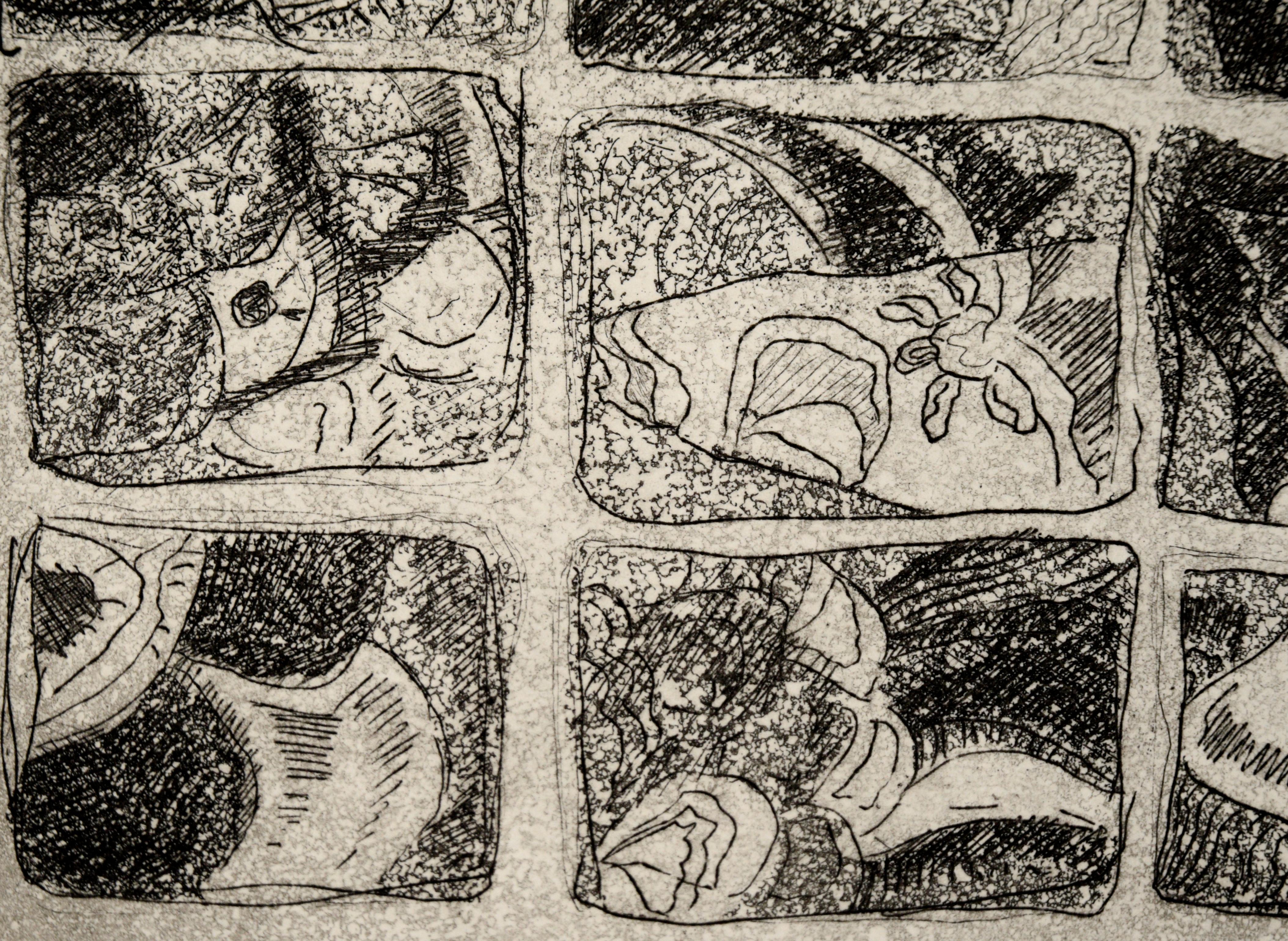 Impression abstraite de Doris Ann Warner (Américaine, 1925-2010). Neuf vitres sont disposées selon une grille de trois par trois, chacune présentant une petite scène abstraite. Il y a des objets qui ressemblent à des fleurs, des feuilles et le