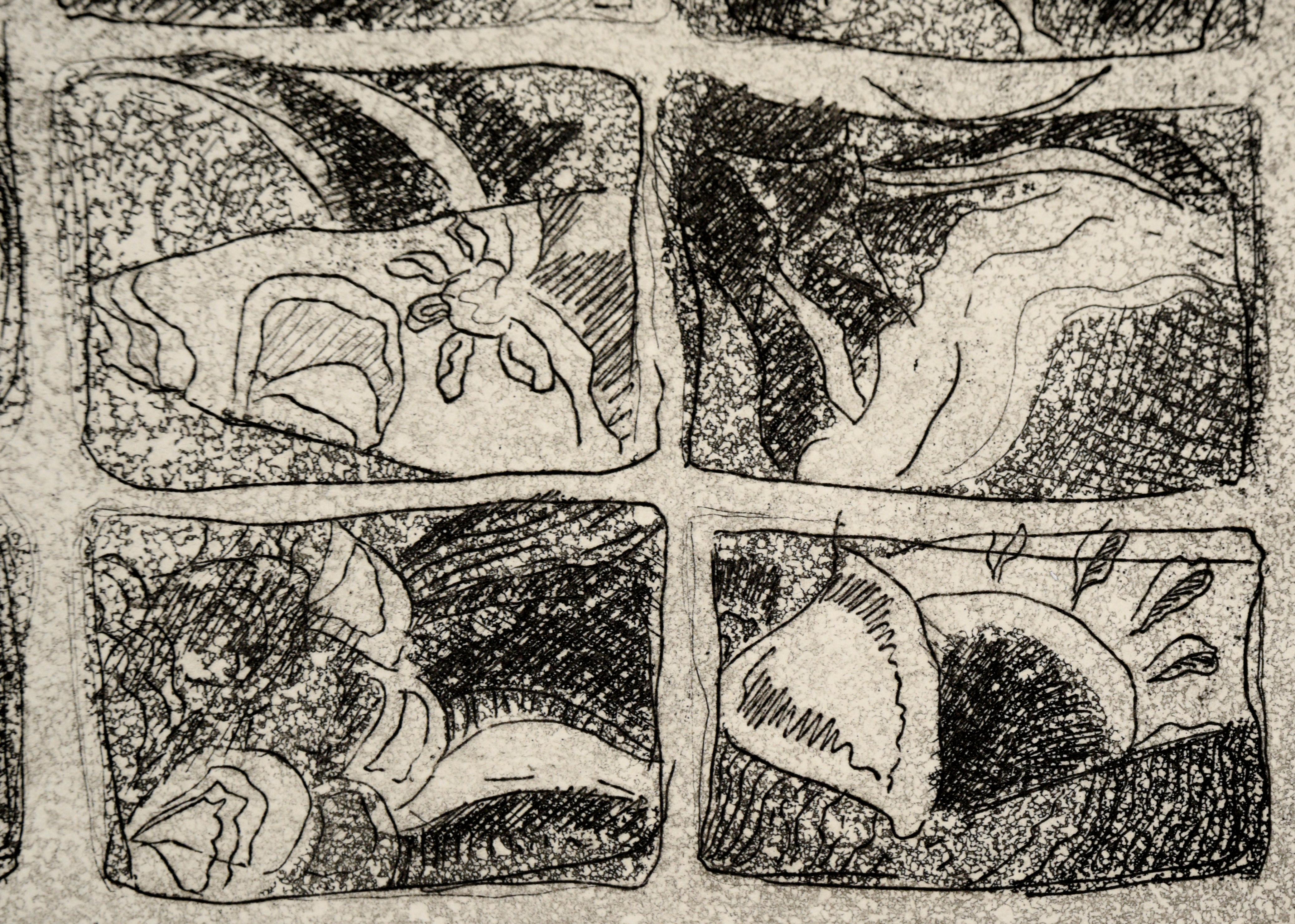 Fenêtre à neuf carreaux - Gravure abstraite à l'encre sur papier en vente 1