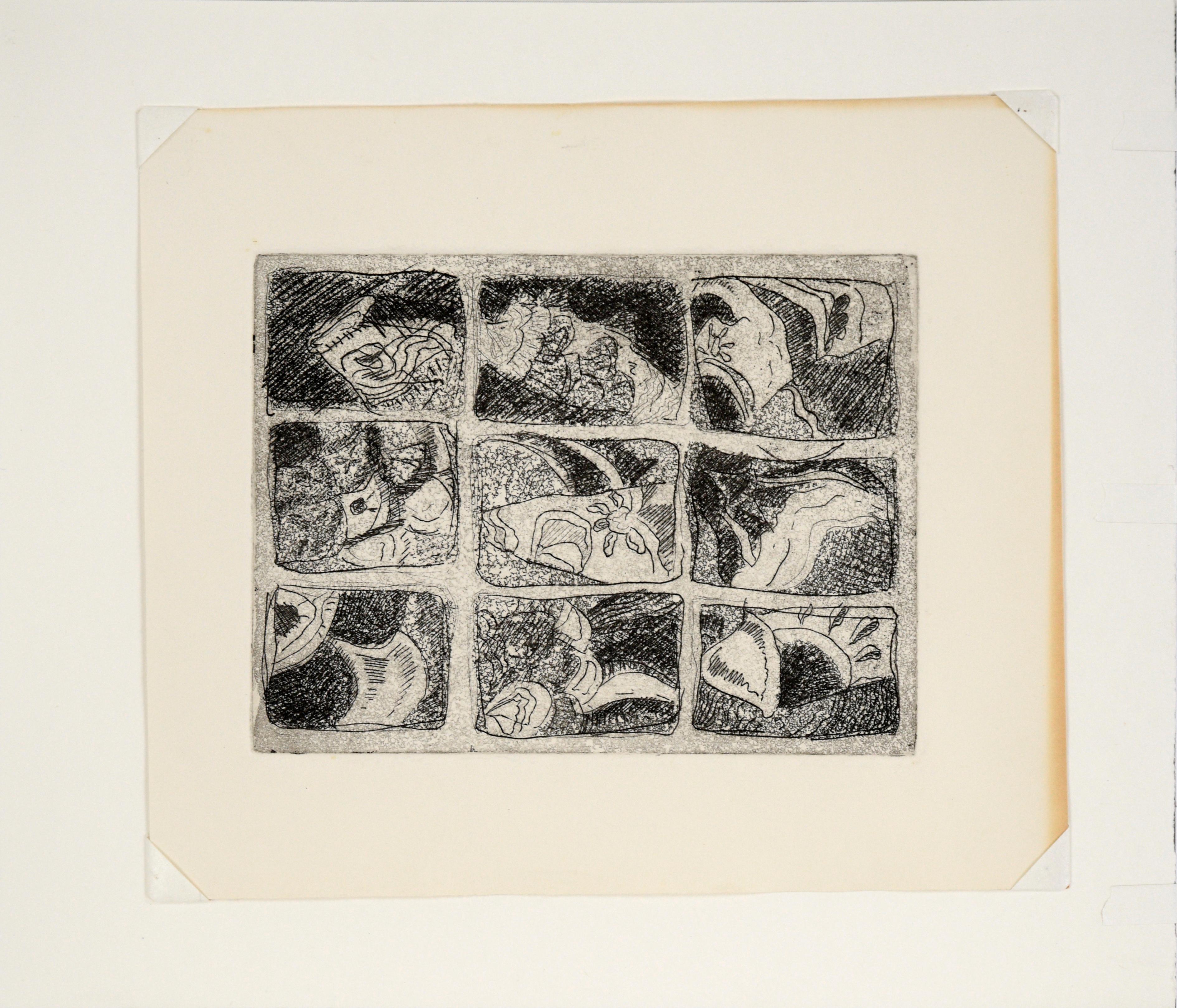 Nine Pane Window - Abstracted Etching in Ink on Paper For Sale 3