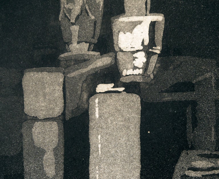 Moody depiction of a press by Doris Ann Warner (American, 1925-2010). This piece is dark and saturated, giving the impression that the press is located in a dark room. The press is depicted in a minimalist style, as if illustrated or cell